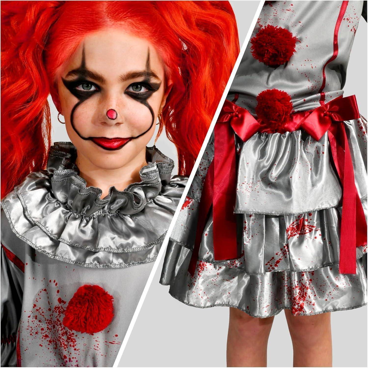 Ein Kind, gekleidet in ein metallisches Clownskostüm mit roten Akzenten, geschminkt mit auffälliger Schminke, einschließlich einer roten Nase und dramatischem Eyeliner.