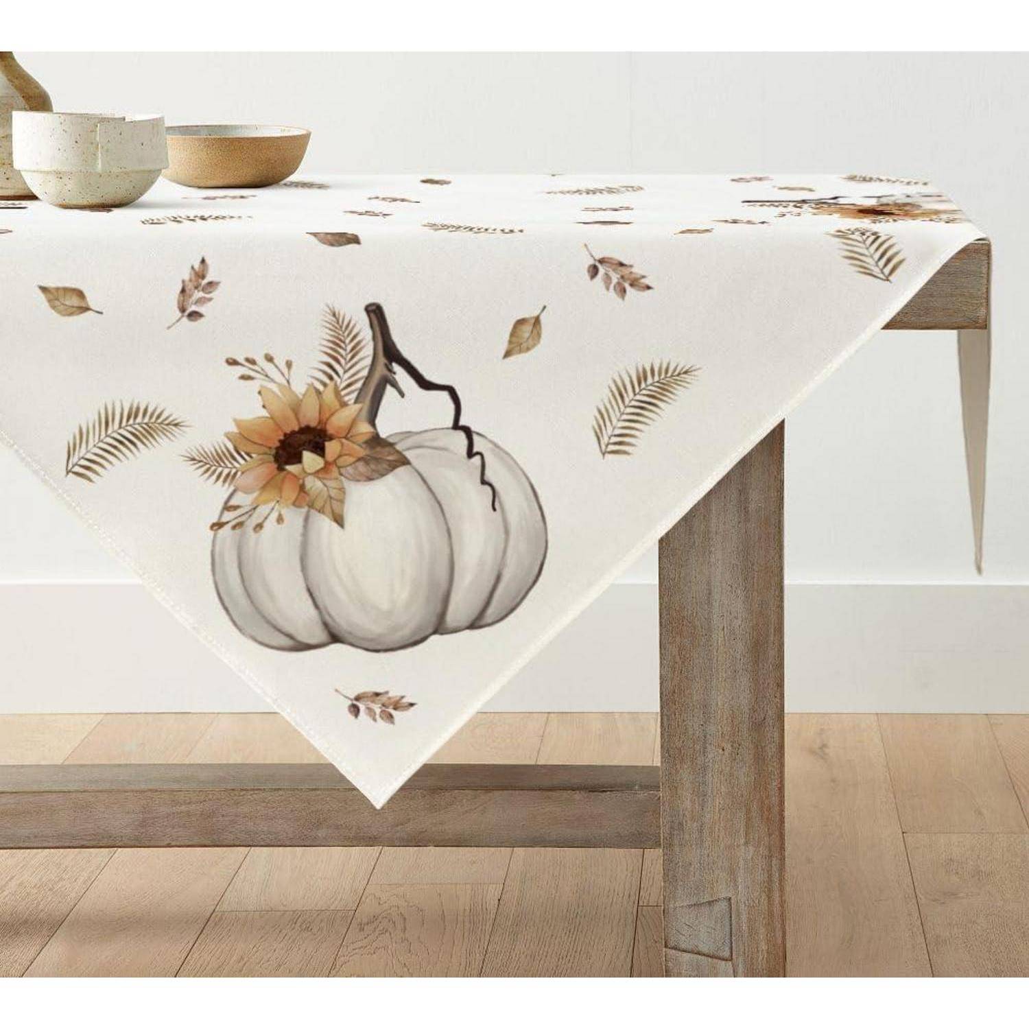Tischdecke Kürbisse Streifen Herbst Blätter 100 x 100 cm Beige
