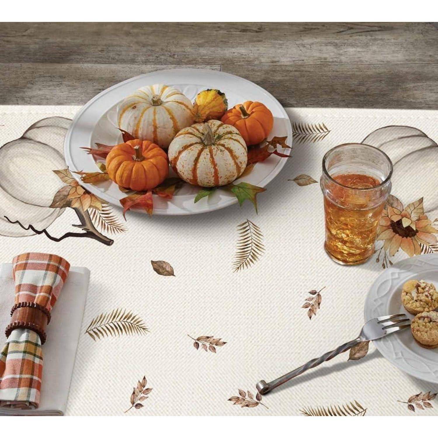 Tischdecke Kürbisse Streifen Herbst Blätter 100 x 100 cm Beige