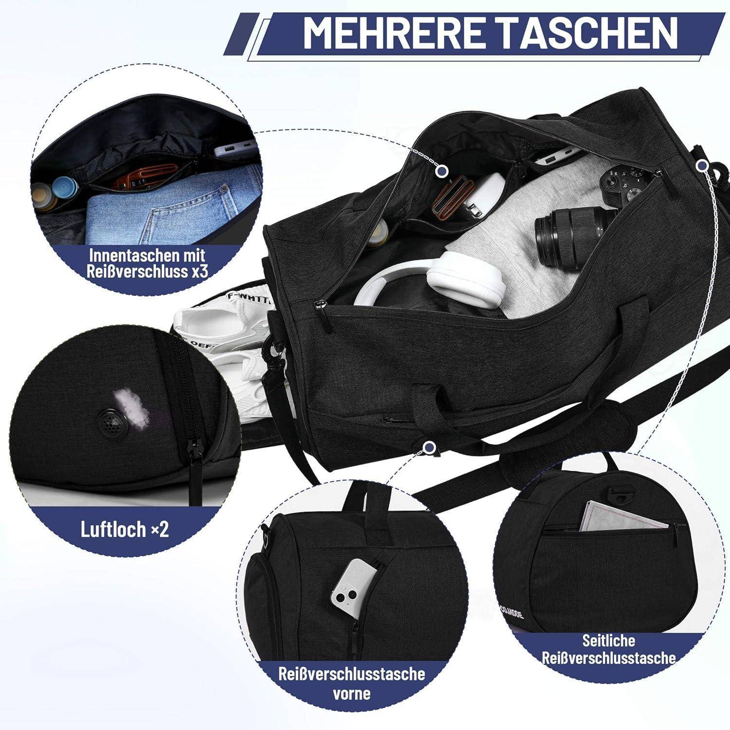 Sporttasche Duffelbag Schuhfach Nassfach Damen Herren 45L Schwarz