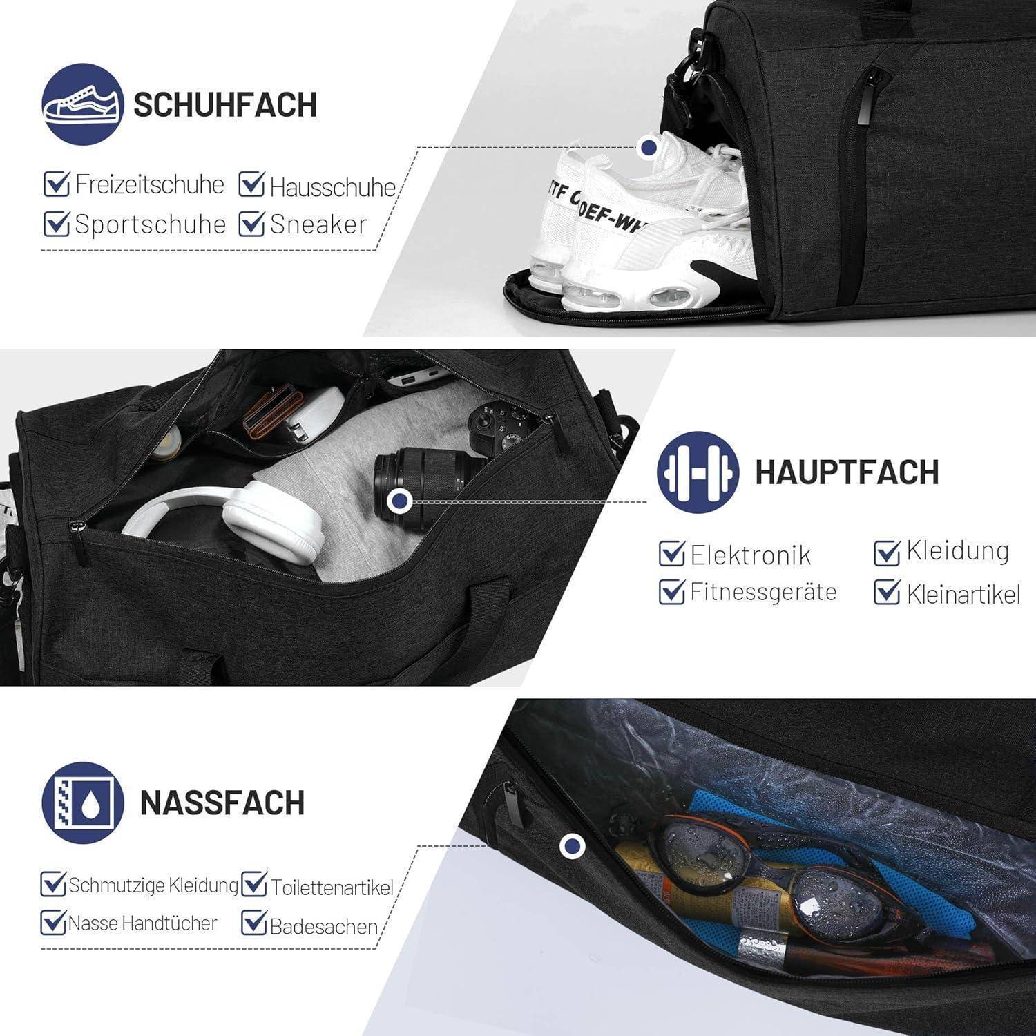 Sporttasche Duffelbag Schuhfach Nassfach Damen Herren 45L Schwarz