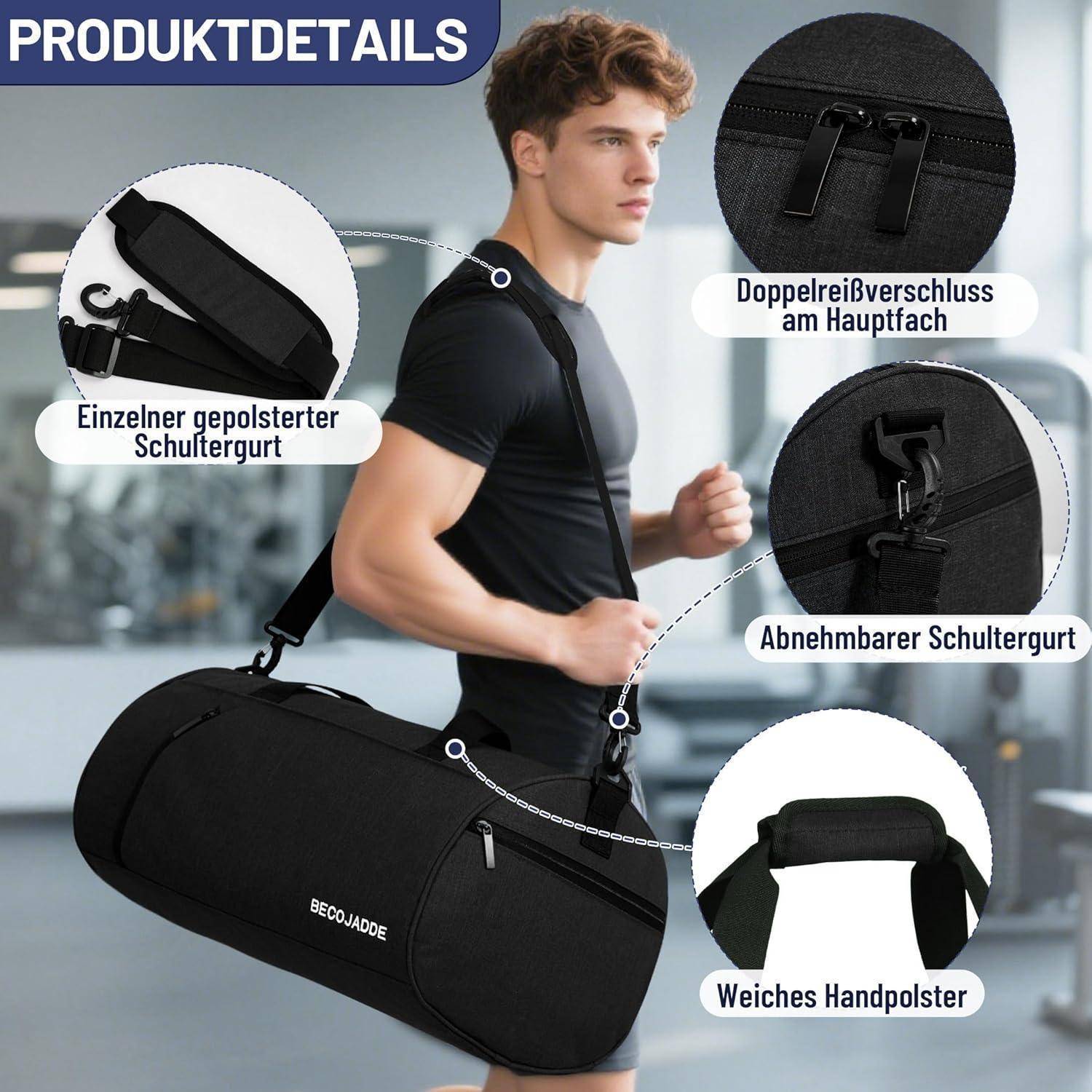 Sporttasche Duffelbag Schuhfach Nassfach Damen Herren 45L Schwarz