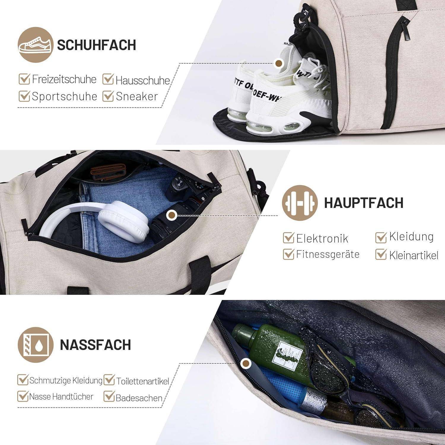 Sporttasche Duffel Herren Damen Schuhfach Nassfach 35L Beige