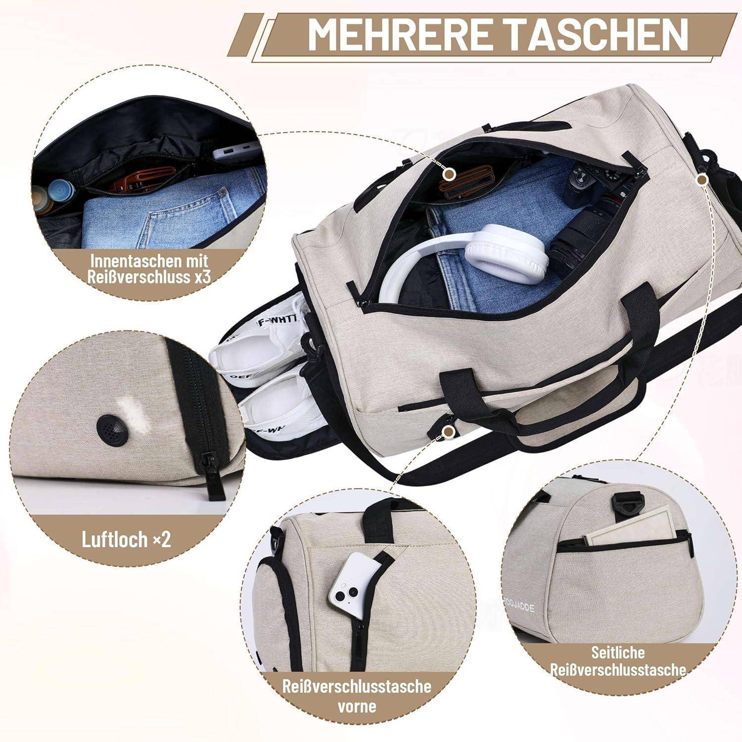Sporttasche Duffel Herren Damen Schuhfach Nassfach 35L Beige