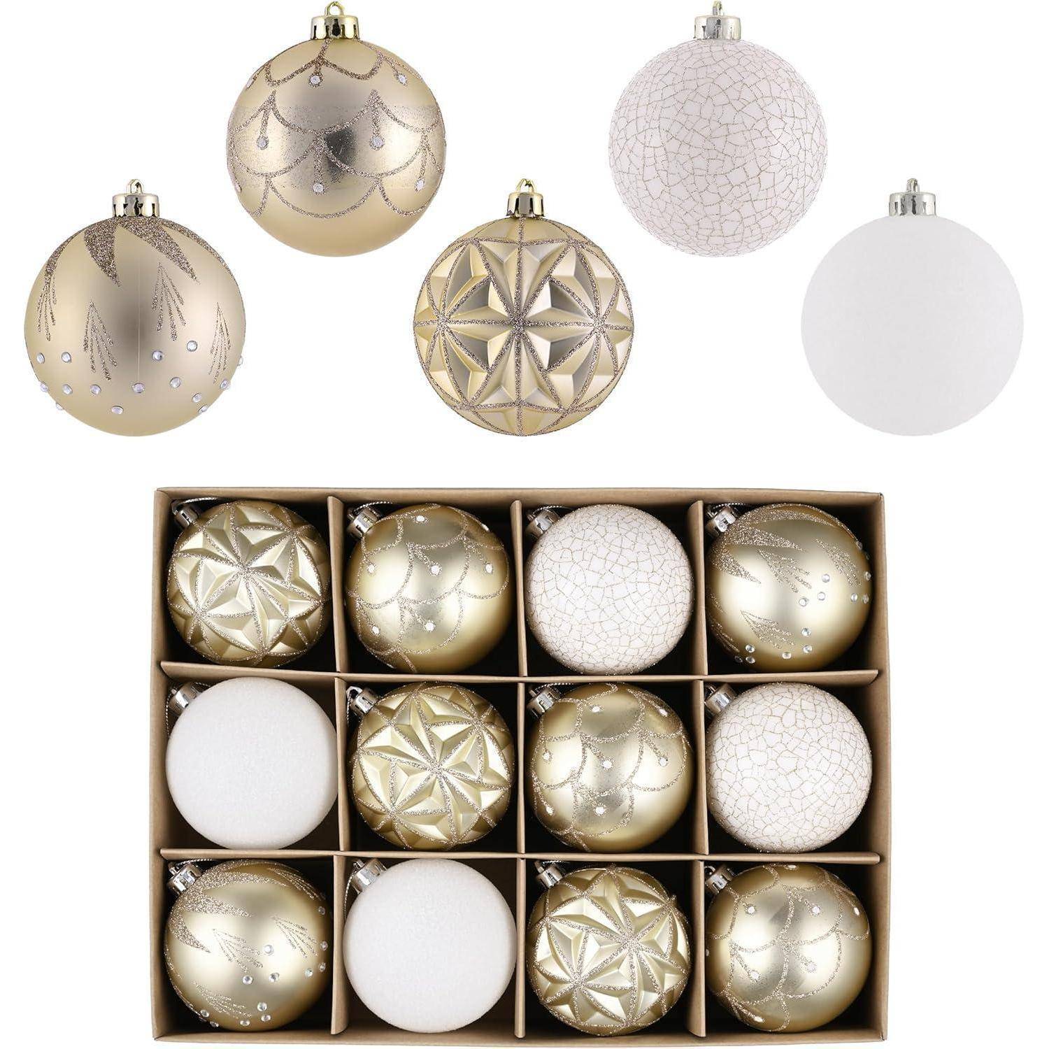 Weihnachtskugeln 12 8cm Kunststoff bruchsicher Aufhänger Weiß Gold