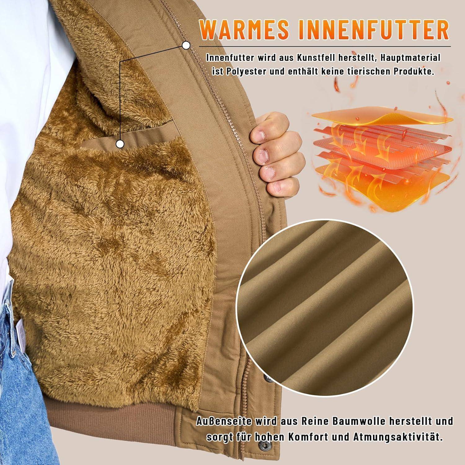 Eine Person demonstriert die warme Innenseite einer Jacke, die aus synthetischen Materialien hergestellt ist. Der Text hebt Komfort und Atmungsaktivität hervor.