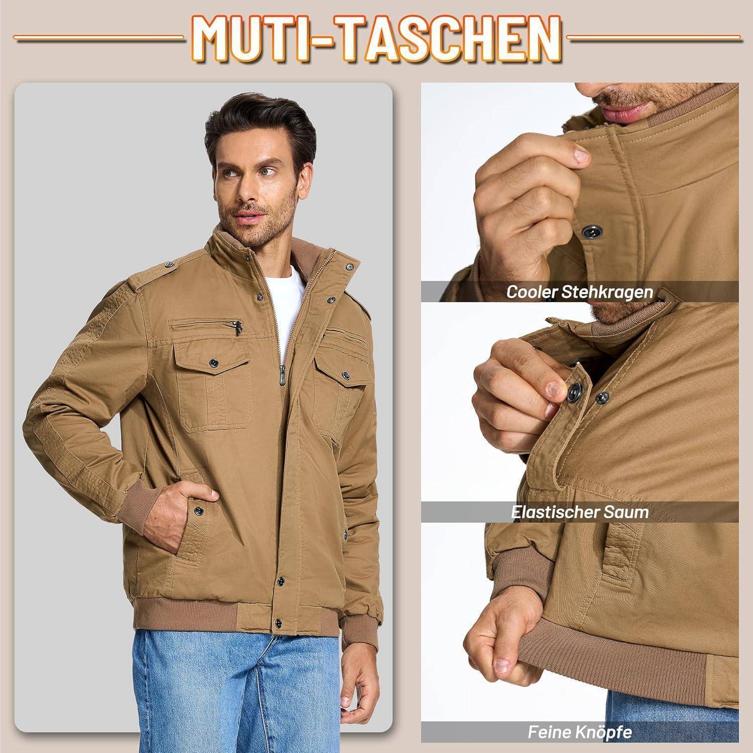 Ein Mann trägt eine beige Jacke mit hohem Kragen, elastischen Manschetten und mehreren Taschen. Detailansichten heben den Kragen, den elastischen Saum und die Knopfdetails hervor. Text lautet 'Multi-Taschen.