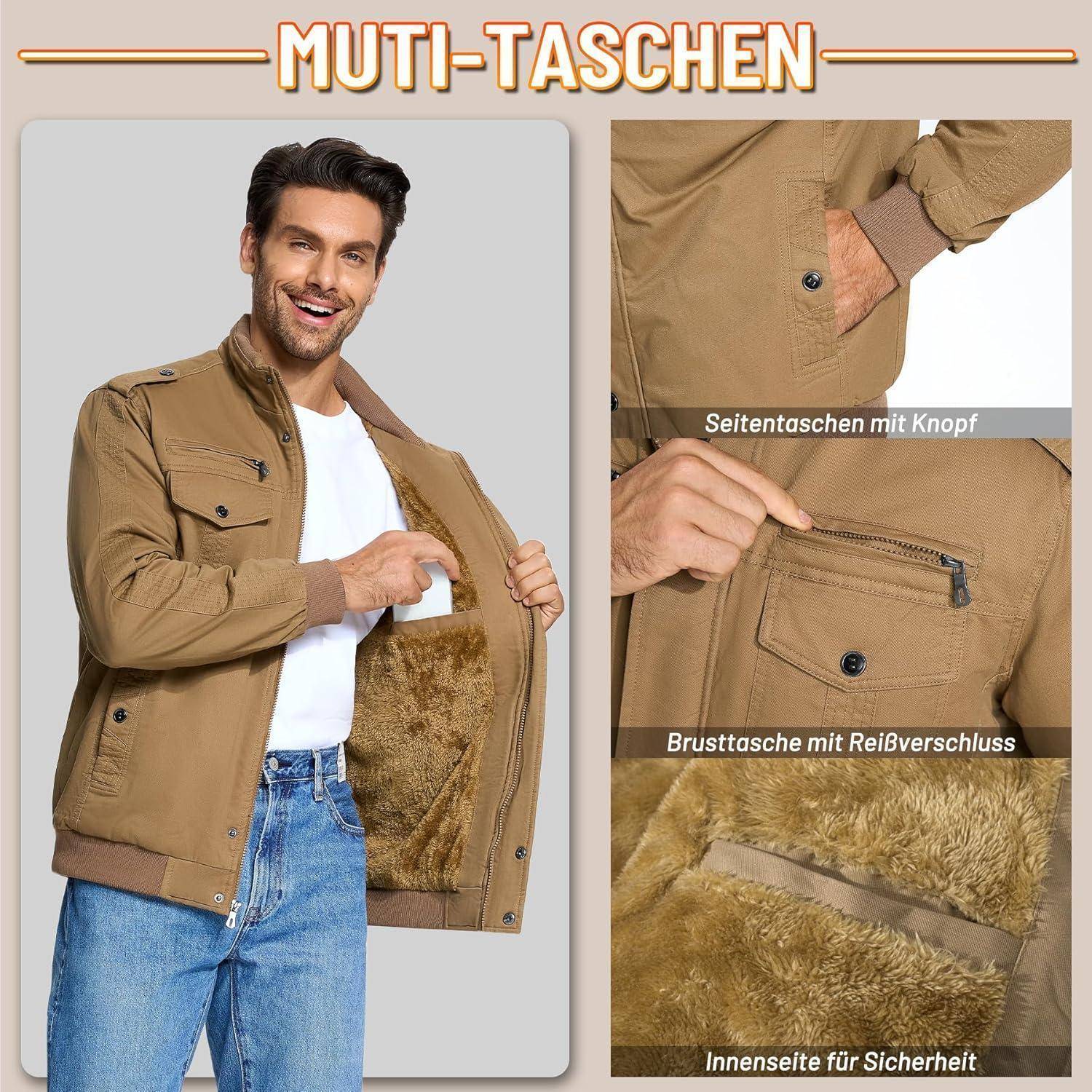 Ein Mann trägt eine braune Jacke mit flauschigem Futter, lächelt und zeigt die Innentaschen. Die Jacke verfügt über Taschen mit Knopf- und Reißverschlussverschluss.