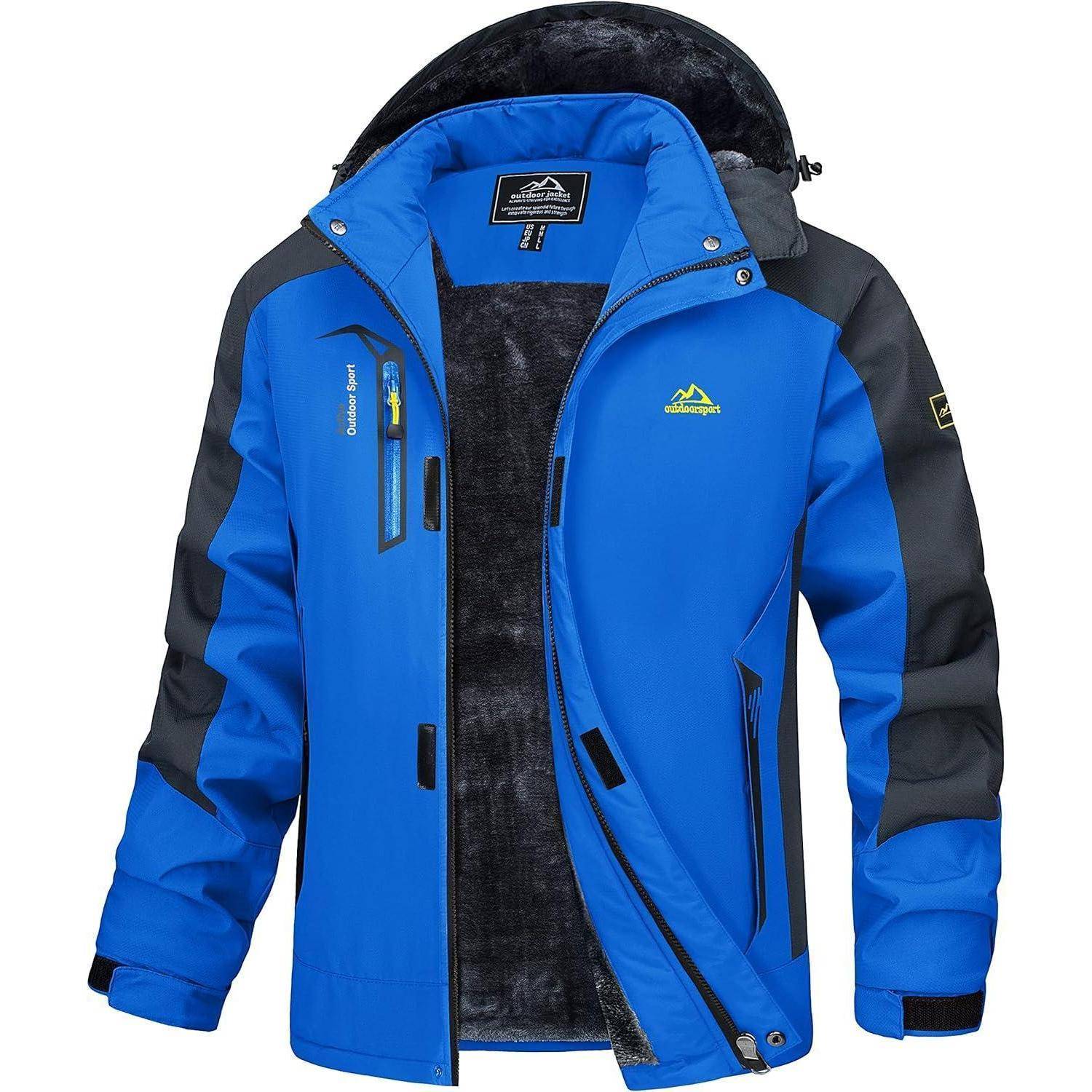 Eine blaue und schwarze Winterjacke mit Fleecefutter, mehreren Reißverschlusstaschen und einer Kapuze, die für Outdoor-Aktivitäten konzipiert ist.