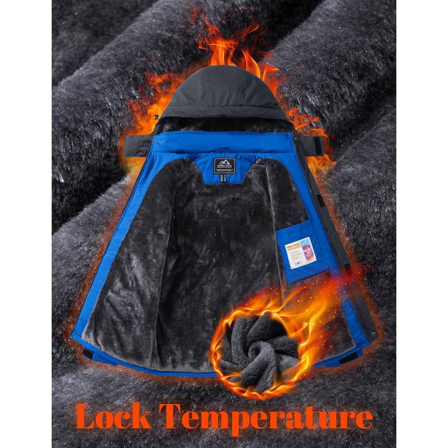 Offene blaue Jacke mit Fleecefutter auf pelzigem Hintergrund. Flammen betonen Wärme. Text lautet 'Lock Temperature.