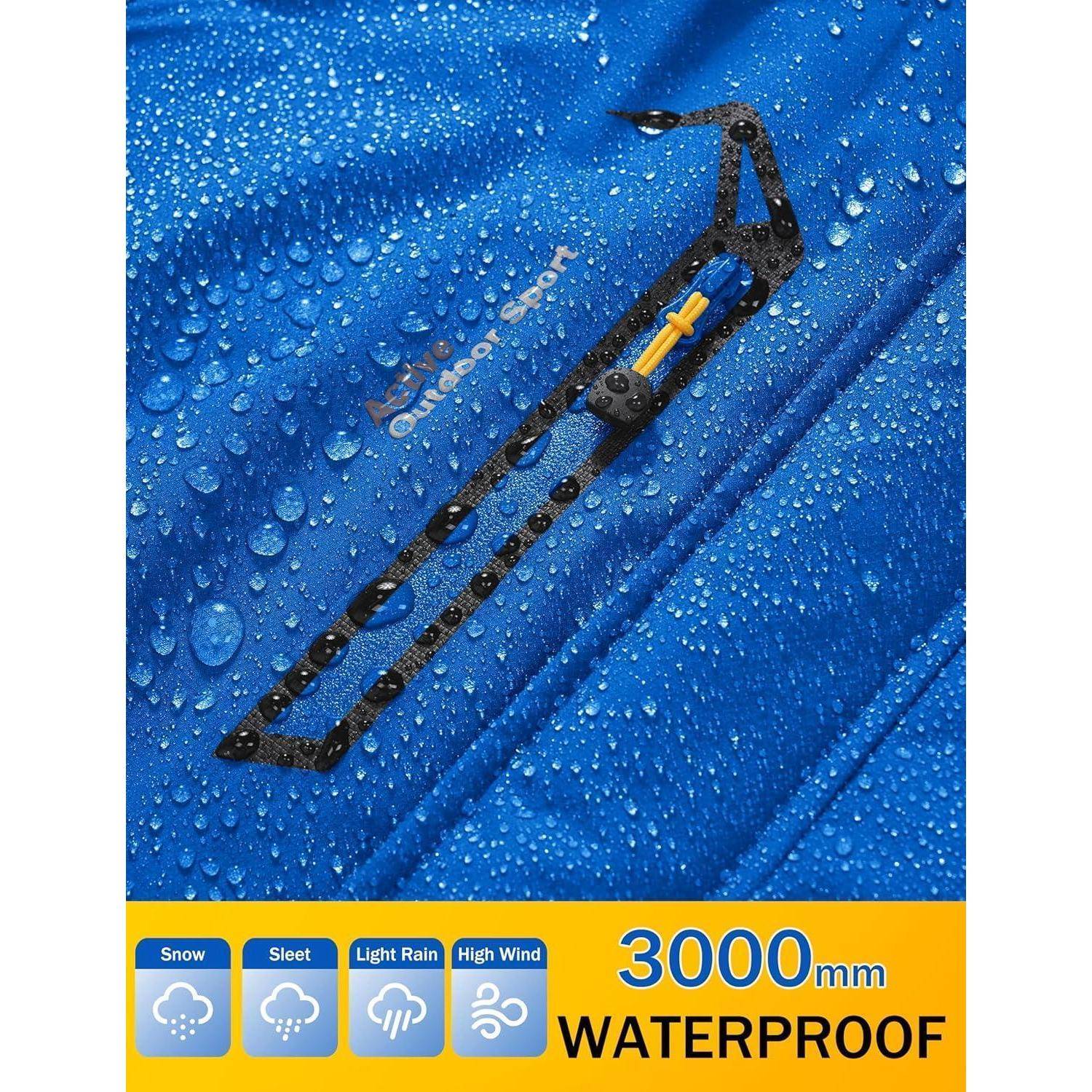Nahaufnahme eines blauen wasserdichten Gewebes mit Wassertropfen, auf dem '3000mm WASSERDICHT' steht, mit Symbolen für Schnee, Schneeregen, leichten Regen und starken Wind.