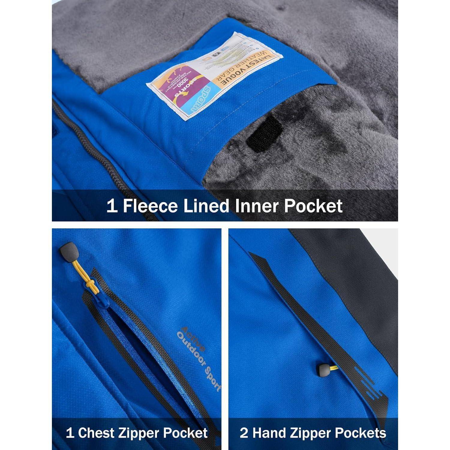 Blaue Outdoor-Jacke mit 1 gefütterter Innentasche aus Fleece, 1 Brusttasche mit Reißverschluss und 2 Handtaschen mit Reißverschluss.