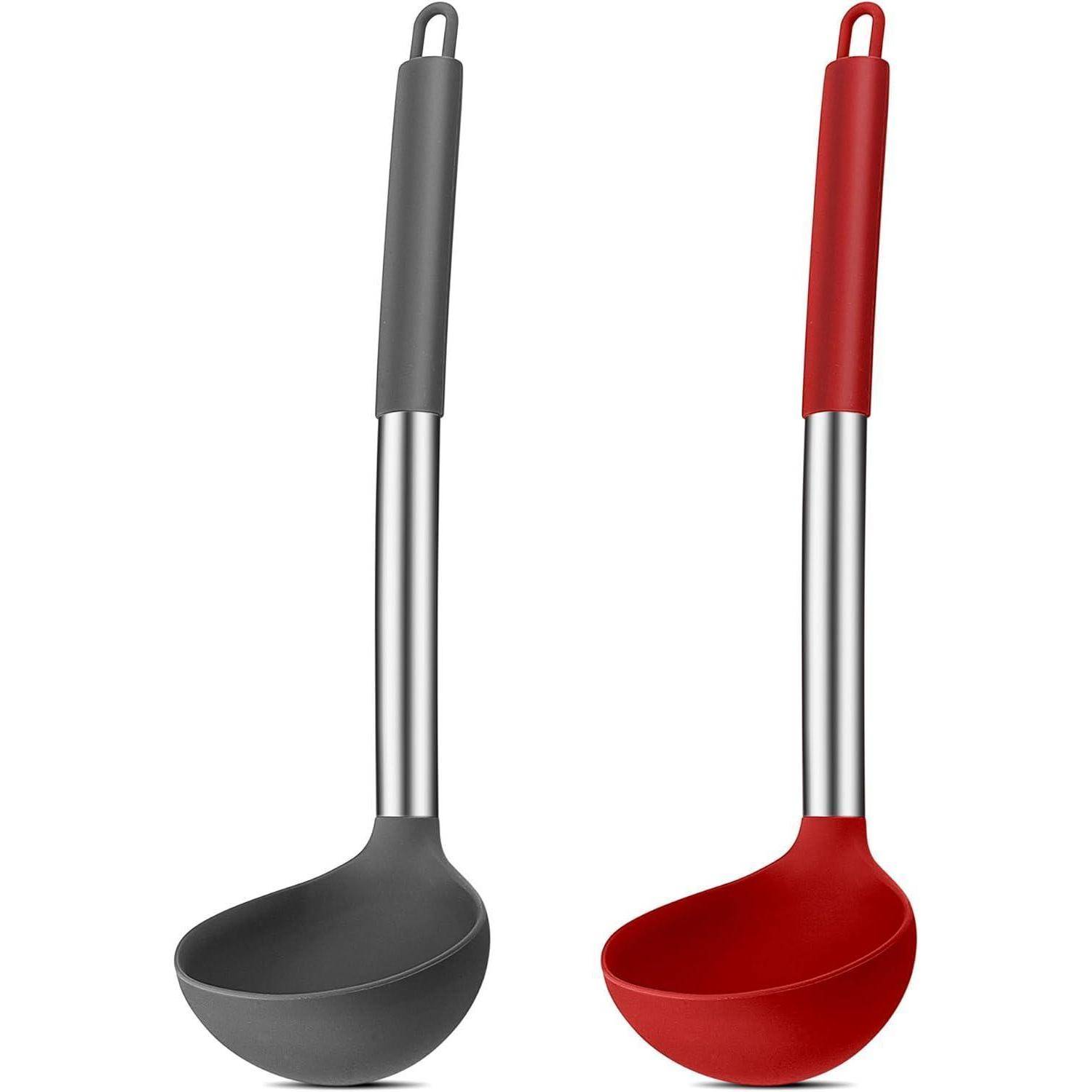 Suppenkelle Silikon Set Edelstahlgriff 30cm Antihaft Grau & Rot