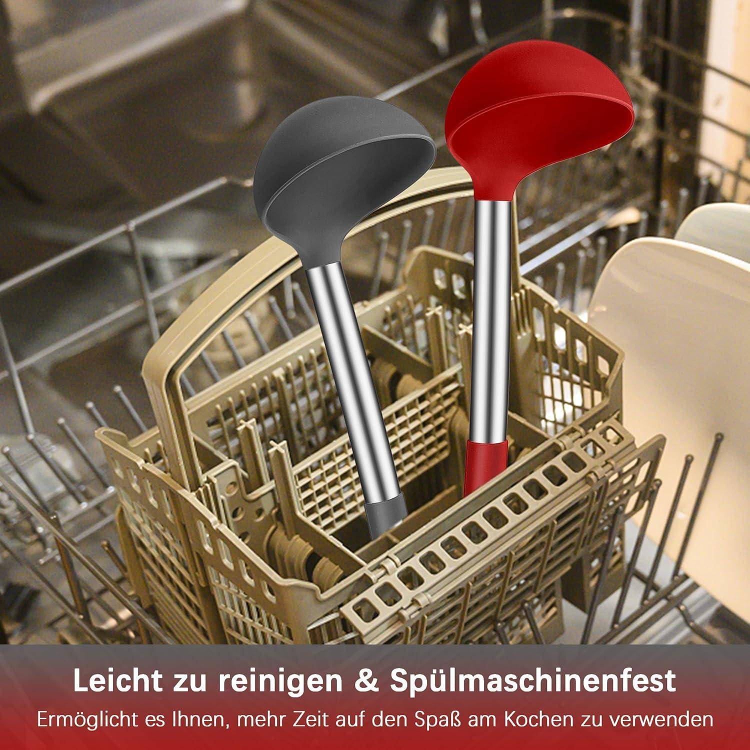 Suppenkelle Silikon Set Edelstahlgriff 30cm Antihaft Grau & Rot