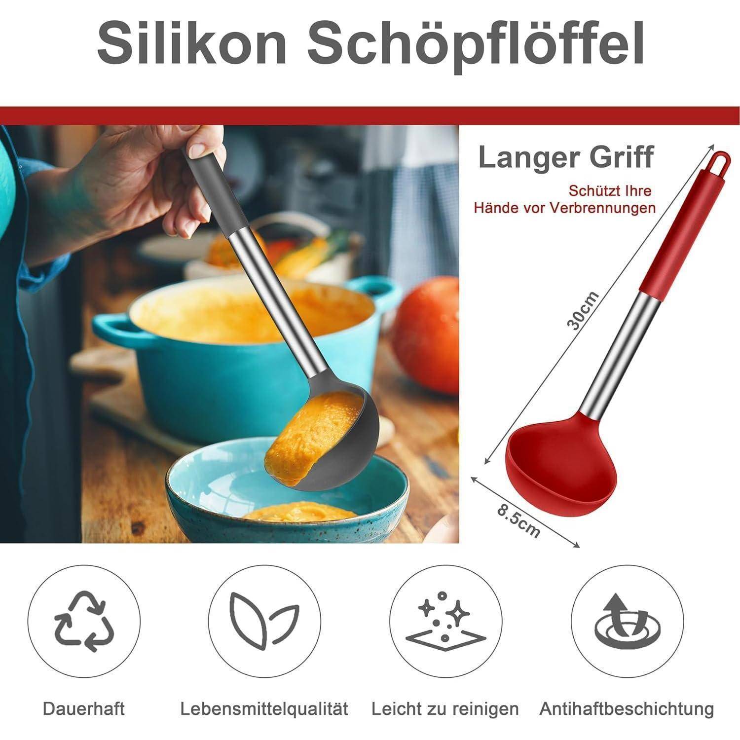Suppenkelle Silikon Set Edelstahlgriff 30cm Antihaft Grau & Rot