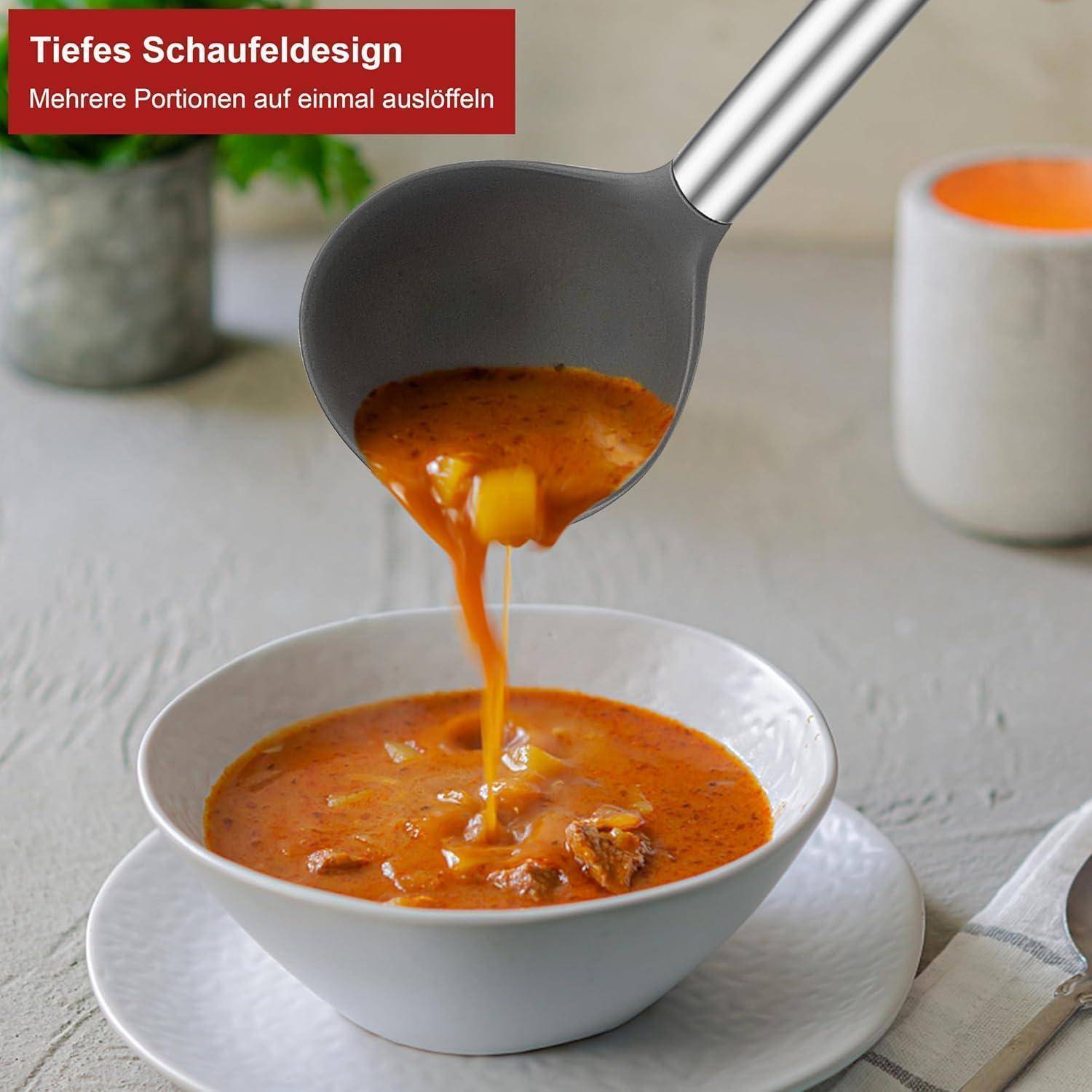 Suppenkelle Silikon Set Edelstahlgriff 30cm Antihaft Grau & Rot