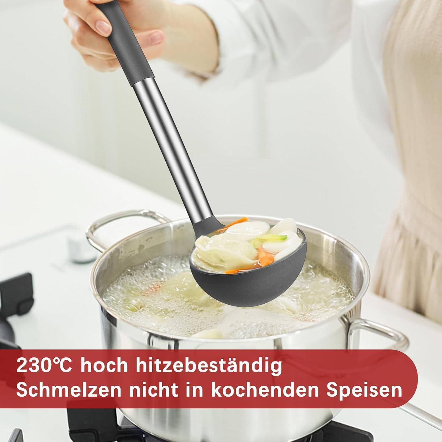 Suppenkelle Silikon Set Edelstahlgriff 30cm Antihaft Grau & Rot