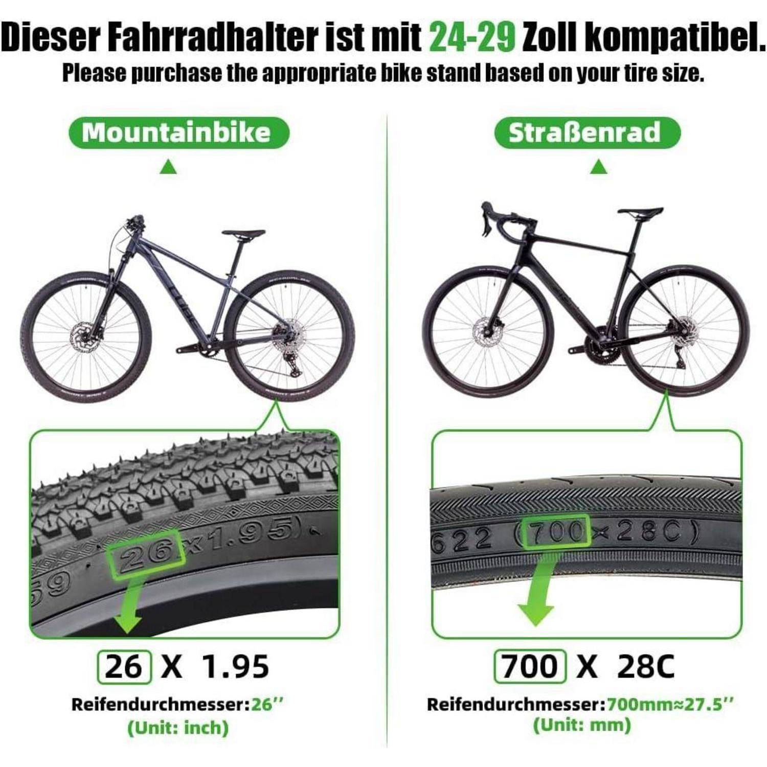 Das Bild zeigt zwei Fahrräder: ein Mountainbike und ein Rennrad. Es hebt die Reifengrößen hervor: '26 x 1,95 Zoll' für das Mountainbike und '700 x 28C' für das Rennrad. Der Text darüber besagt die Kompatibilität mit Reifen von 24-29 Zoll.