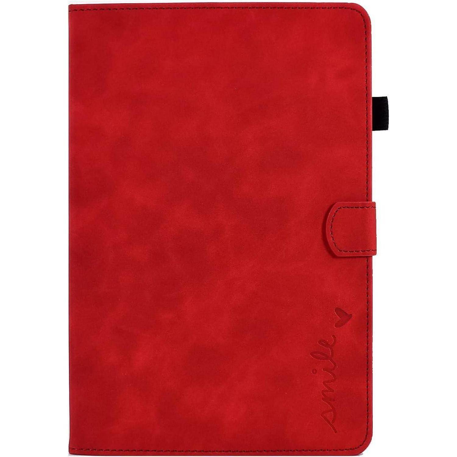 Ein roter Notizbucheinband mit einem Druckknopfverschluss und dem Wort ‚smile' mit einem Herz, das in die Ecke geätzt ist.