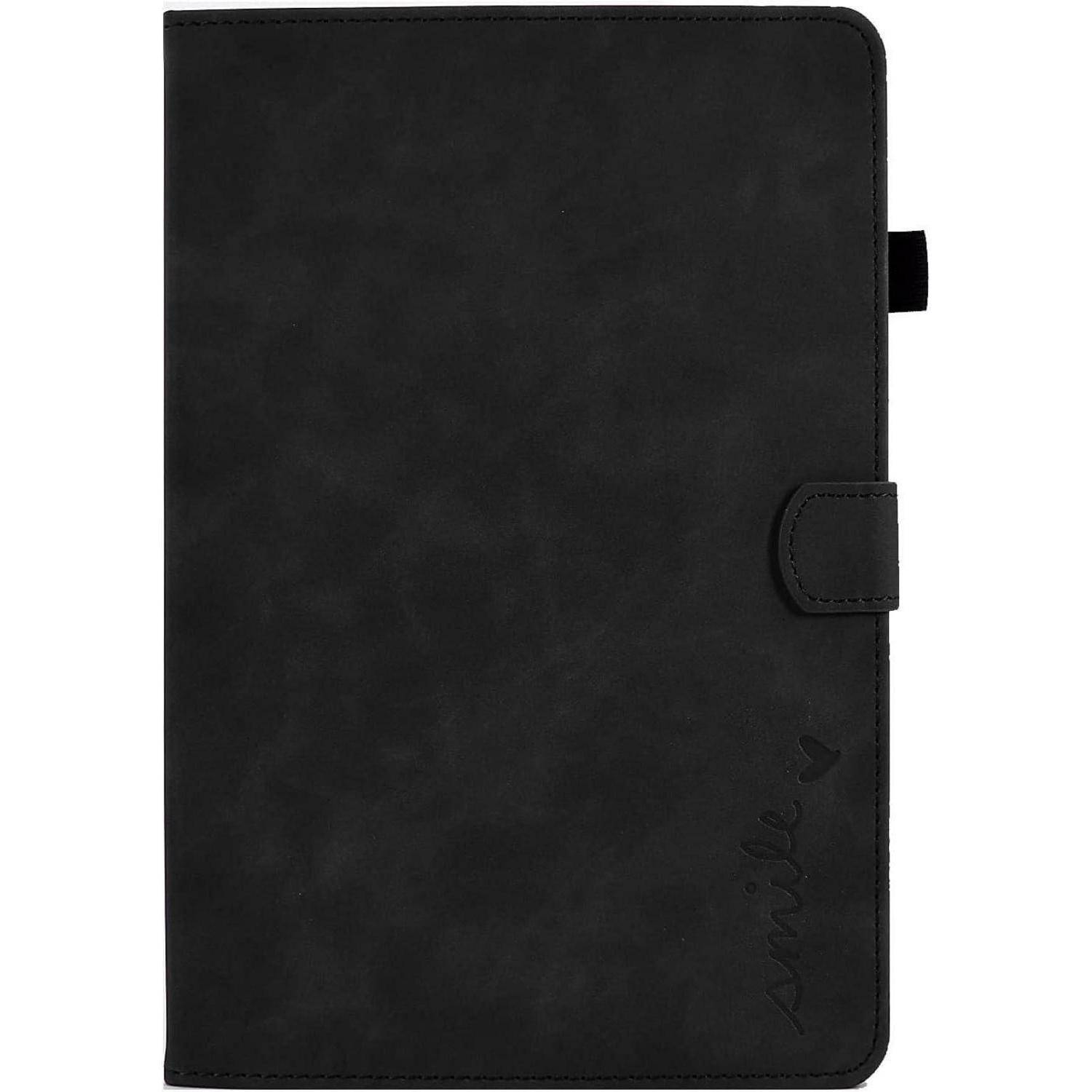 Ein geschlossenes schwarzes Faux-Leder-Tagebuch mit einem Riemen und einem dezenten 'Lächeln', das in der Ecke geprägt ist und wirkt wie ein stilvolles und privates Accessoire.