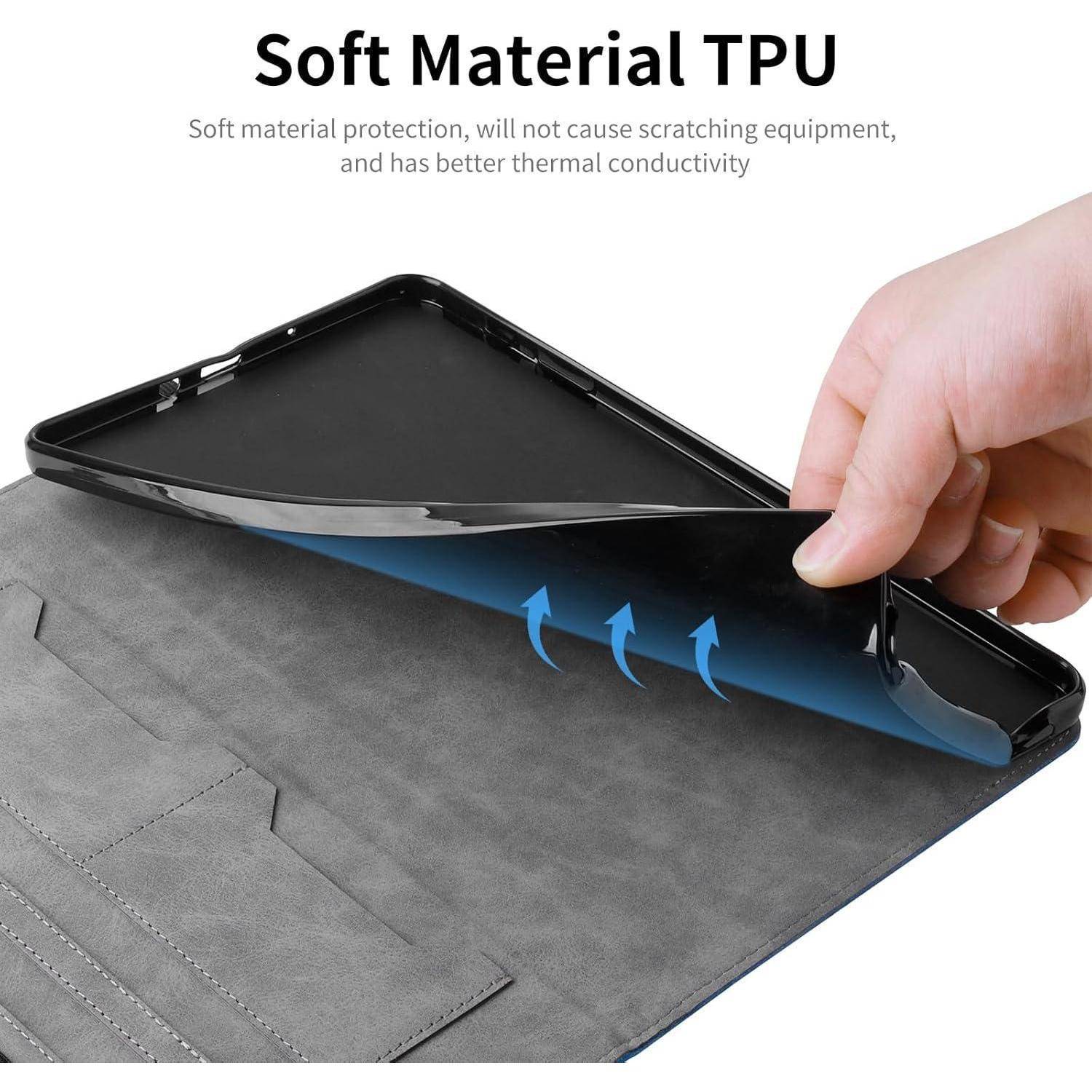 Eine Hand biegt eine schwarze Tablet-Hülle und veranschaulicht damit ihr weiches TPU-Material. Der Text lautet „Weiches Material TPU