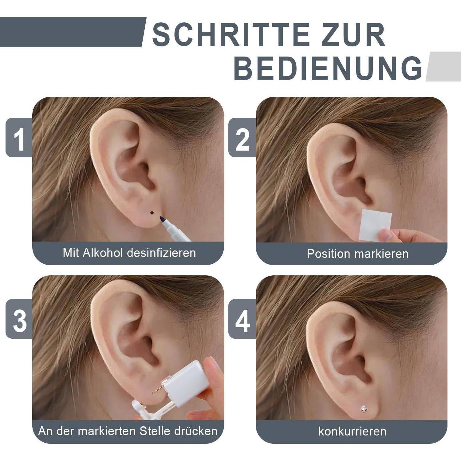 Schritte zur Bedienung': Schritte zum Ohrlochstechen. 1: Mit Alkohol desinfizieren. 2: Position markieren. 3: An markierter Stelle andrücken. 4: Piercing abgeschlossen.