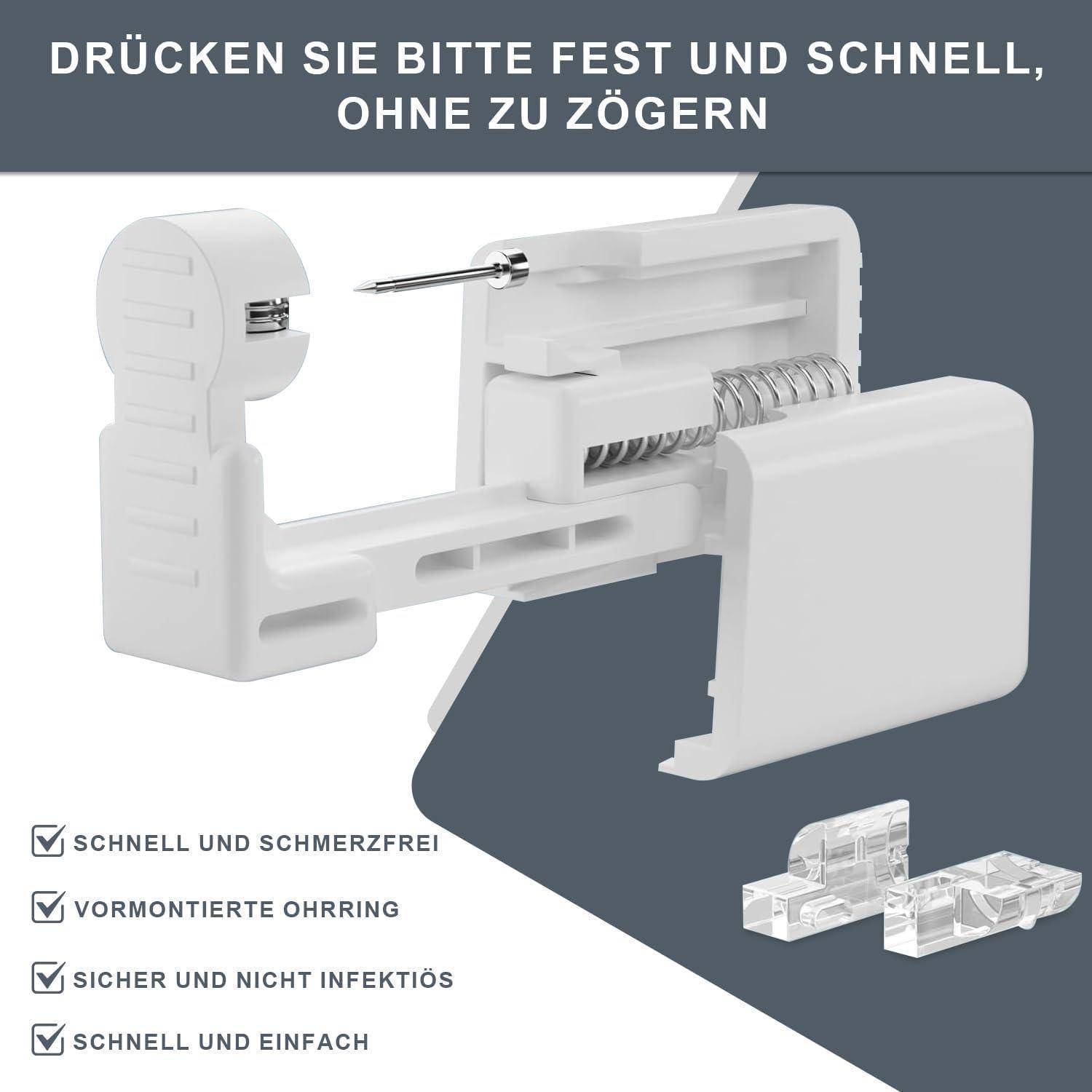 Ohrlochstanzgerät mit vormontierten Ohrring. Text lautet: 