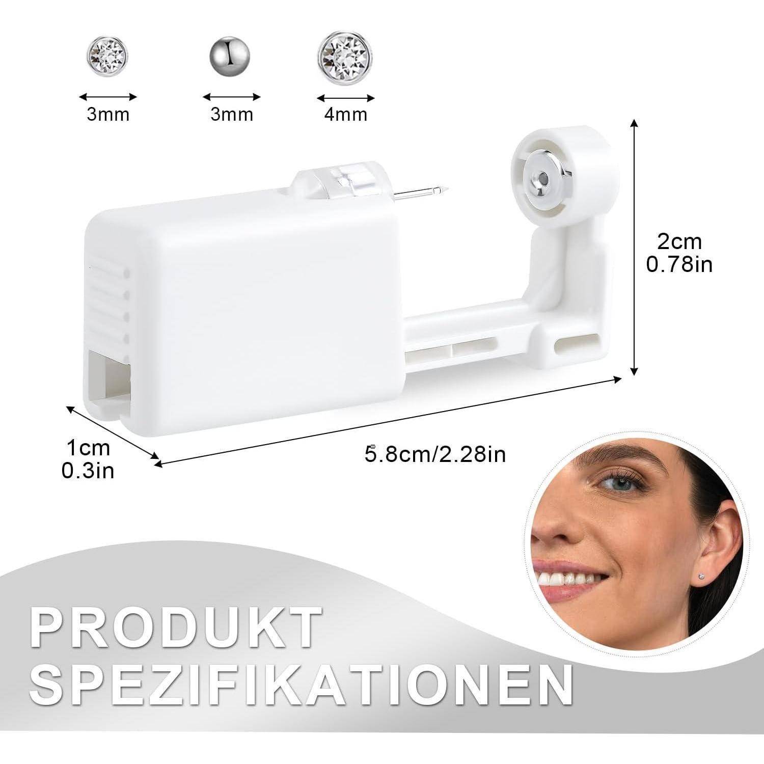 Ohrlochpistolen- und Ohrstecker-Spezifikationen: 3mm, 3mm, 4mm. Gerätemaße: 5,8 cm x 2 cm x 1 cm. Bild einer Frau mit Ohrringe.