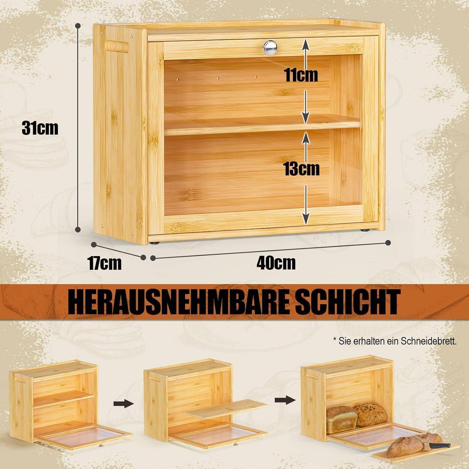 Brotkasten Bambus Belüftung 2 Regale Sichtfenster EX-MBX01-2C-YUAN