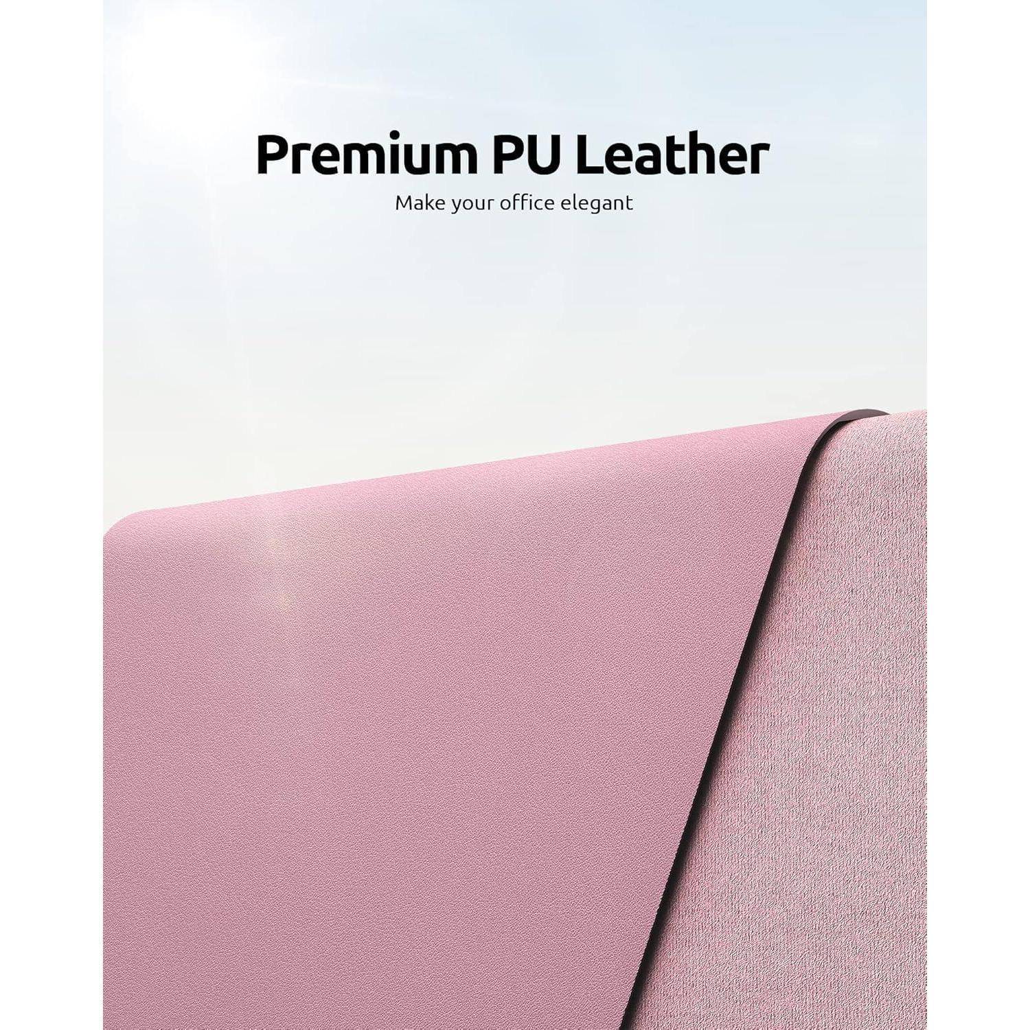 Rosa PU-Ledermaterial, entwickelt, um Büroumgebungen Eleganz zu verleihen, aus der Nähe gezeigt mit dem Text: 'Premium PU-Leder. Machen Sie Ihr Büro elegant.
