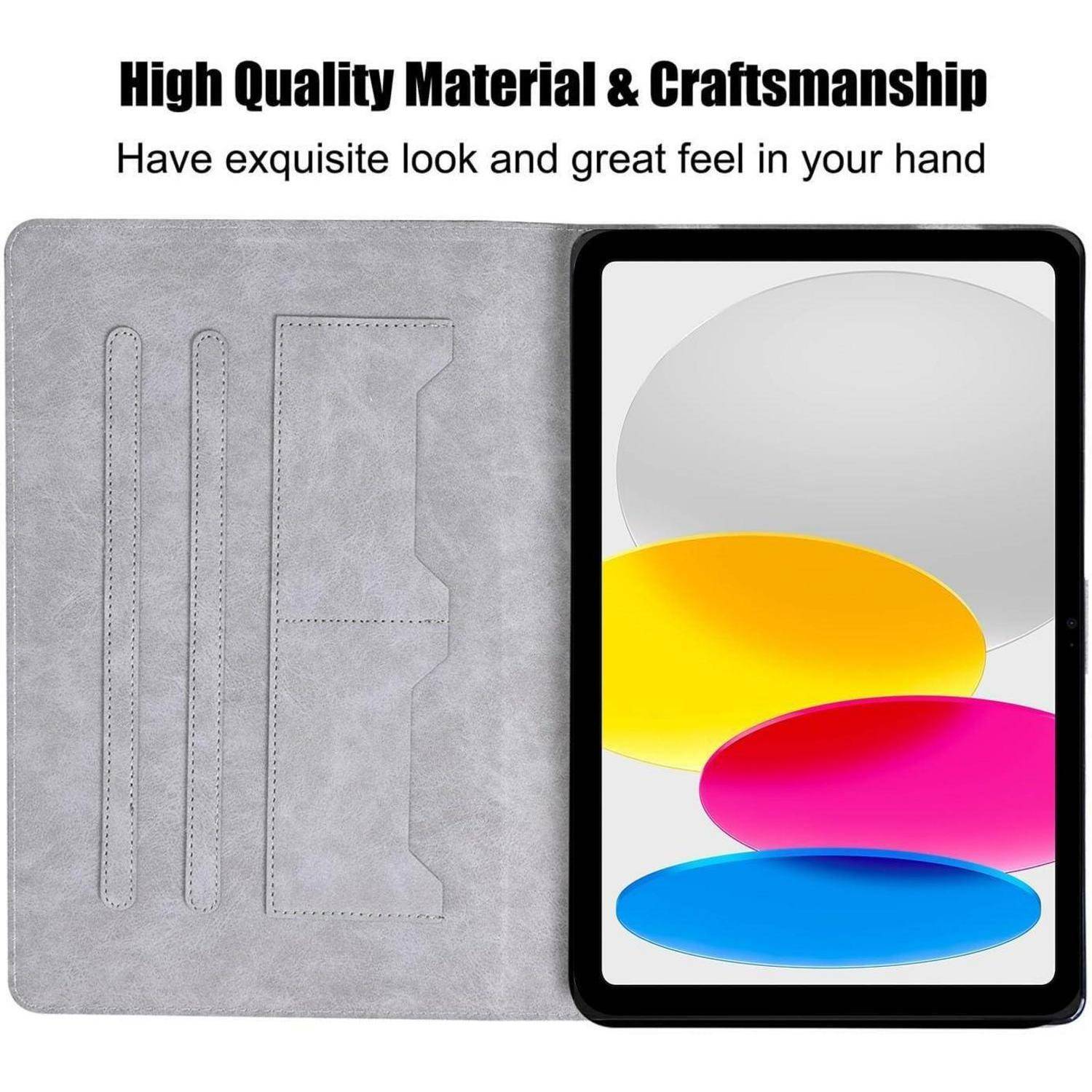Ein Tablet mit einem farbenfrohen Bildschirm wird in einem eleganten, grauen Gehäuse präsentiert. Das Bild betont die ‚Hochwertige Materialien & Handwerkskunst'.