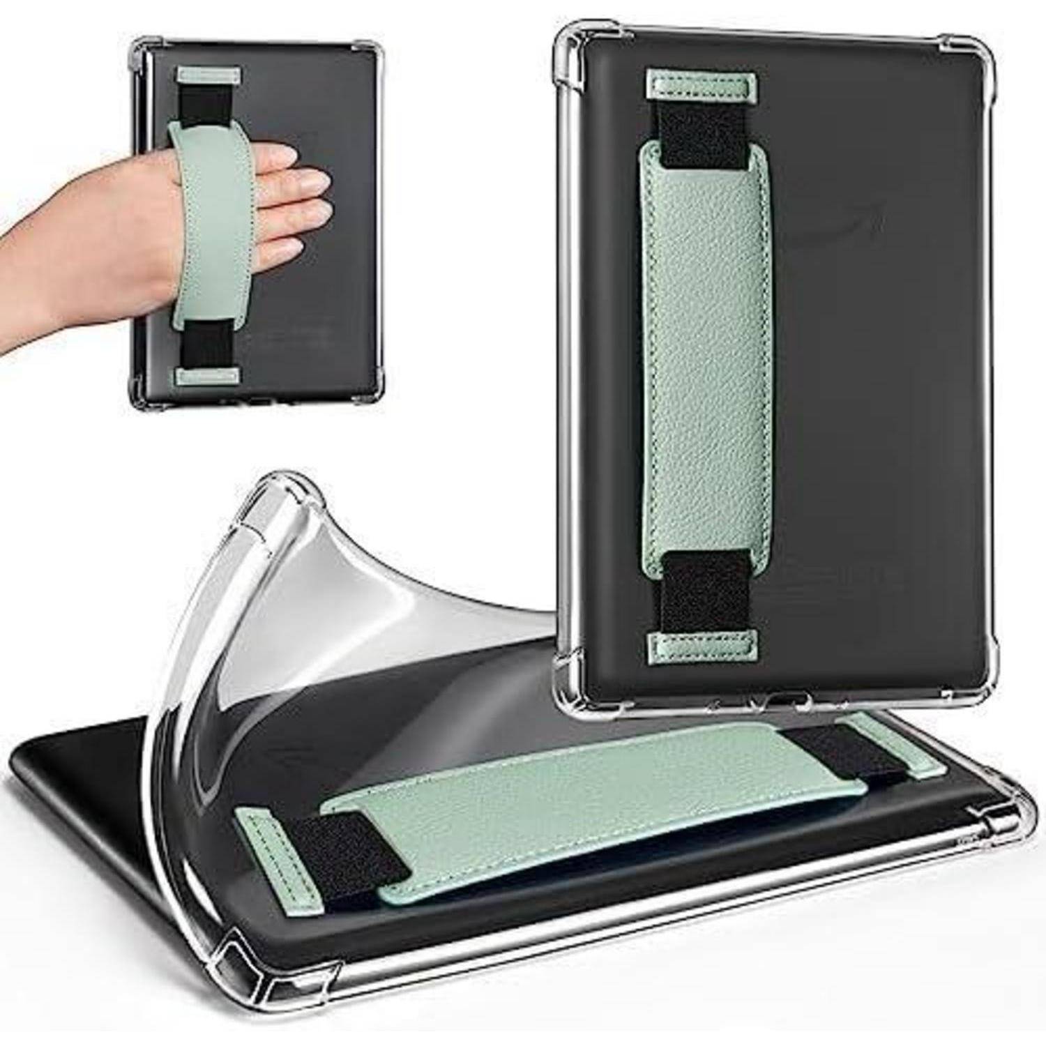 Eine Tablet-Hülle mit einem Handriemen wird gezeigt. Sie demonstriert, wie der Riemen gehalten wird und betont dabei das ergonomische Design für eine sichere Handhabung.