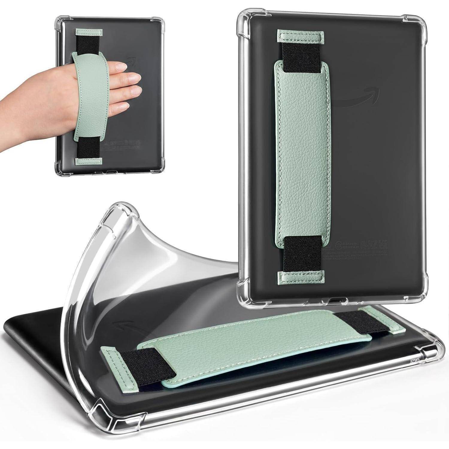 Eine transparente Tablettasche mit einem mintgrünen, verstellbaren Handriemen wird aus mehreren Blickwinkeln gezeigt, wobei ihre Funktionalität und ihr Design hervorgehoben werden.