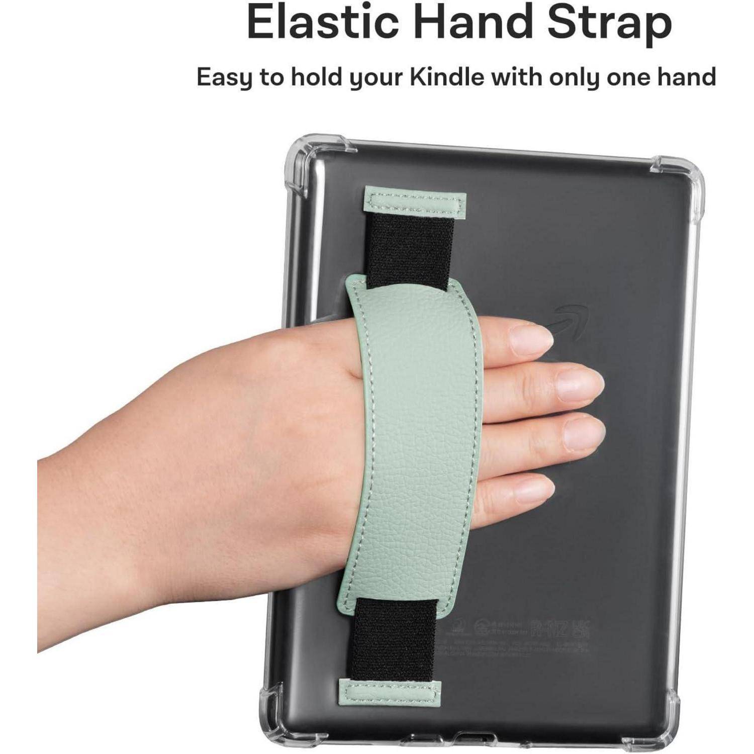 Eine Hand wird gezeigt, wie sie einen elastischen Riemen an einem Kindle verwendet, was die Leichtigkeit der Bedienung mit nur einer Hand demonstriert. Text darüber liest sich „Elastischer Handriemen.