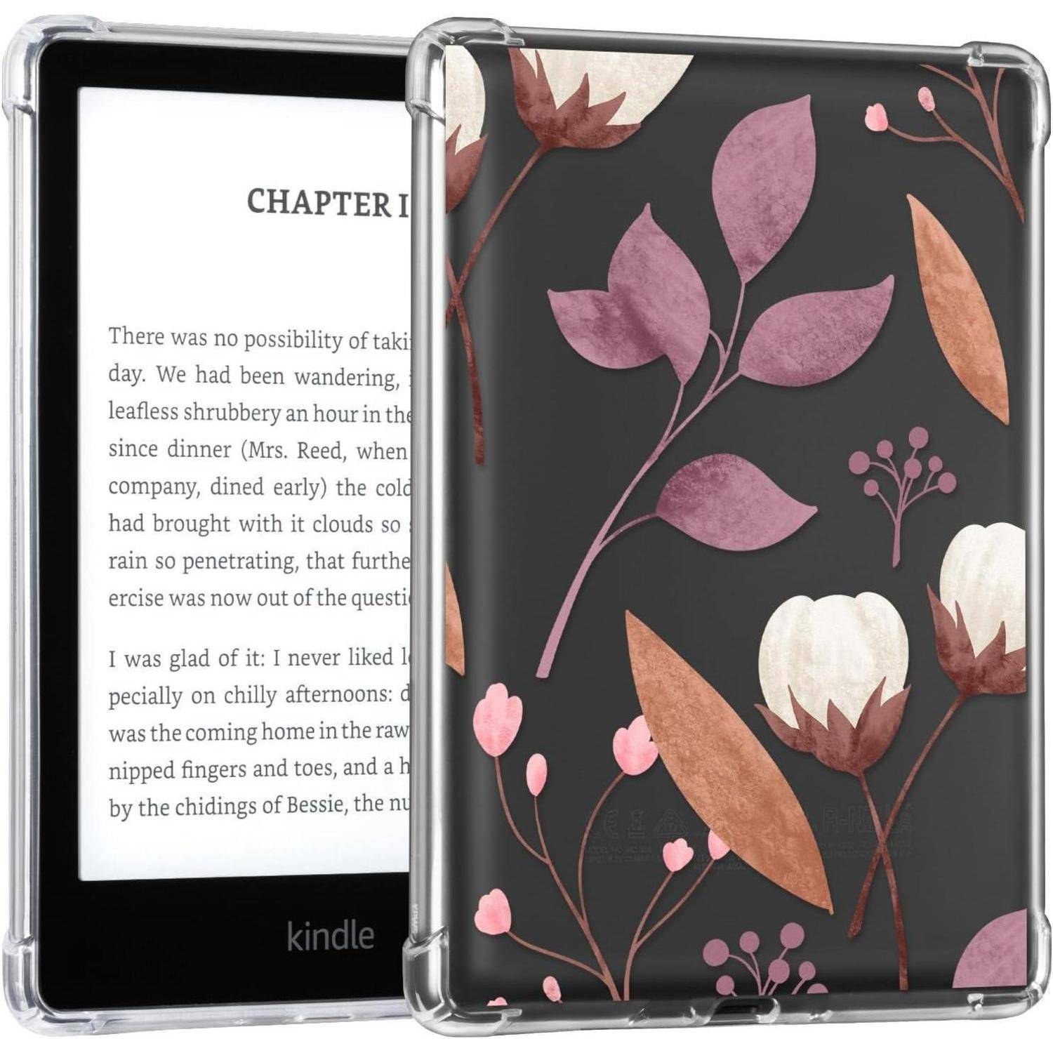 Ein Kindle E-Reader mit einem Bildschirm, auf dem Text aus einem Buch angezeigt wird, teilweise verdeckt von einem floralen Einband mit rosa und braunen Blättern.