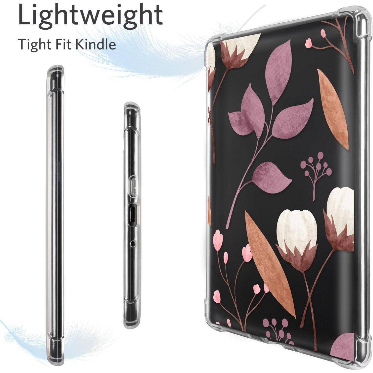 Kindle-Hülle mit floralem Design aus rosa, braunen und weißen Blütenblättern auf schwarzem Hintergrund. Text lautet: 
