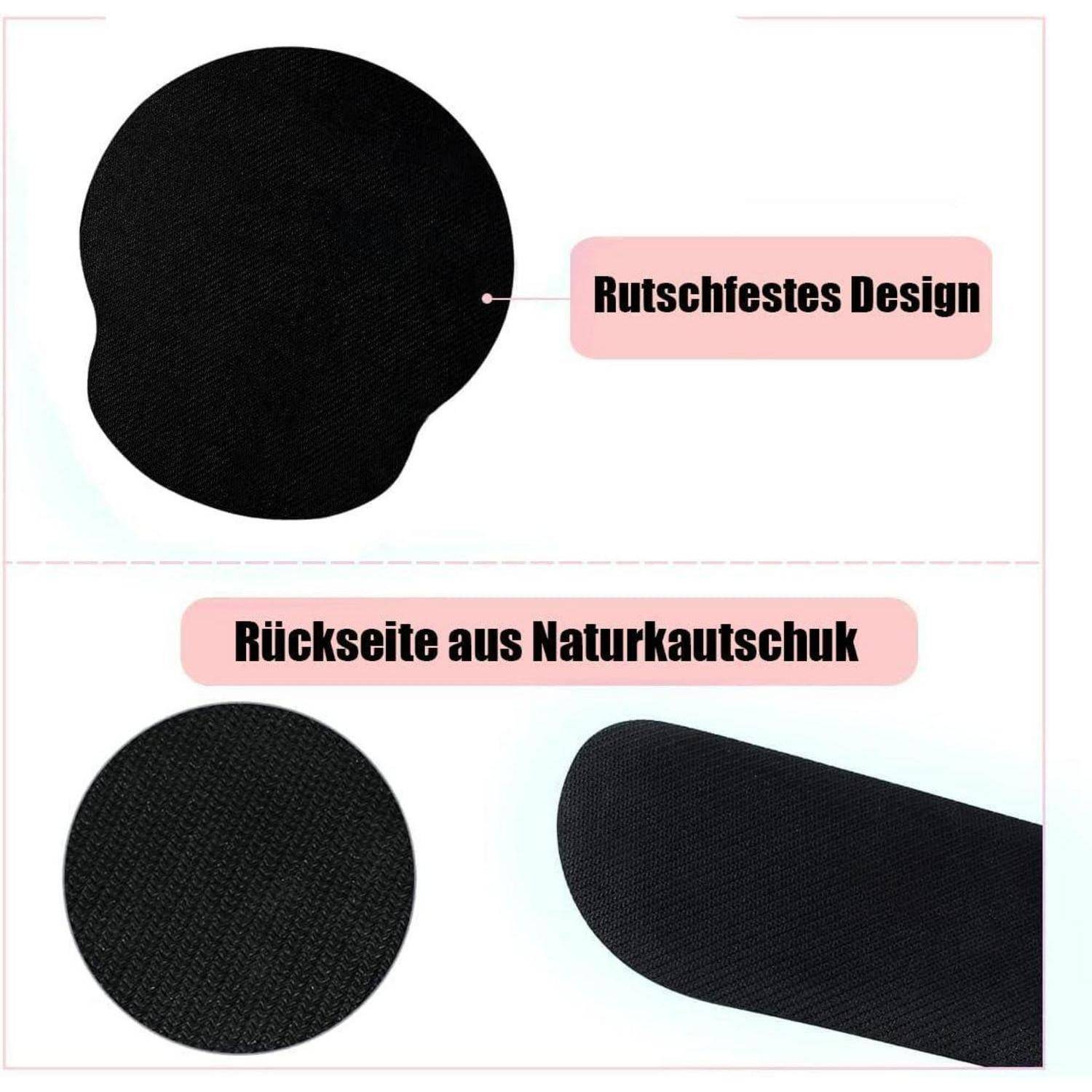 Rutschfestes Design' über schwarzem Kreis und Strukturdetail. 'Rückseite aus Naturkautschuk' zeigt rutschhemmende Basis.