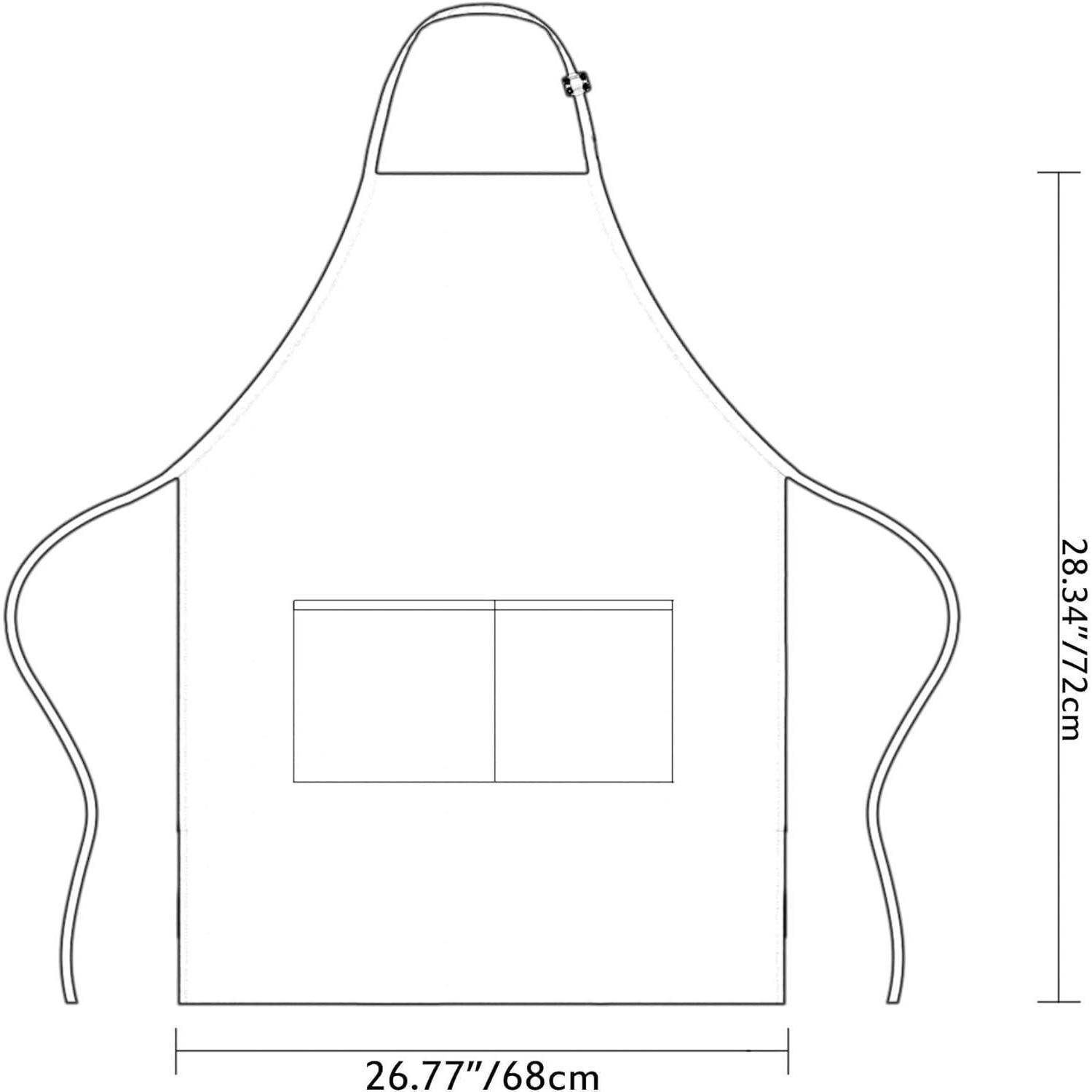 Diagramm einer Schürze mit Maßangaben: 26,77 Zoll (68 cm) breit, 28,34 Zoll (72 cm) hoch. Schürze mit Vordertasche.