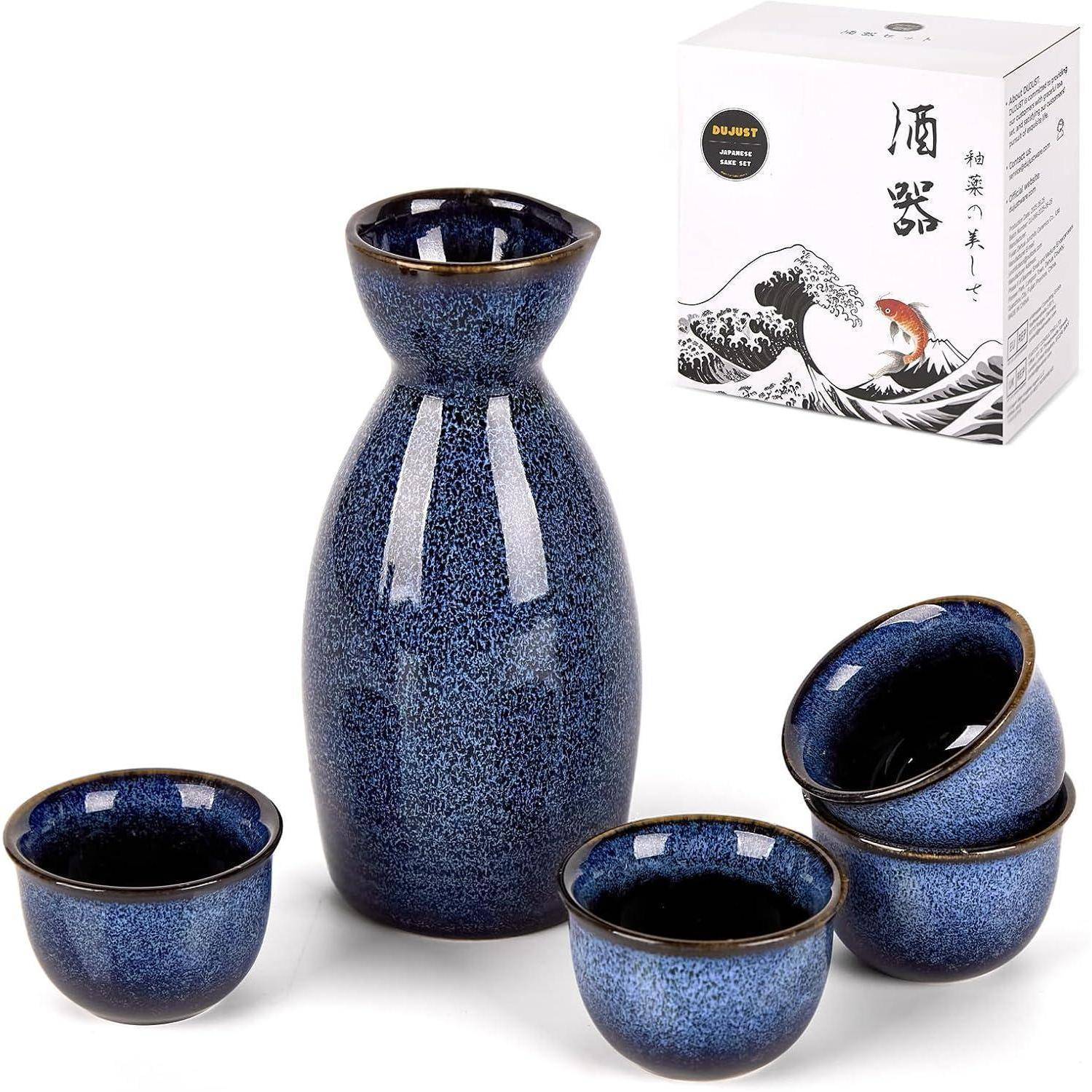 Sake Set Porzellan Japanisch 4 Tassen Karaffe Geschenkset Dunkelblau