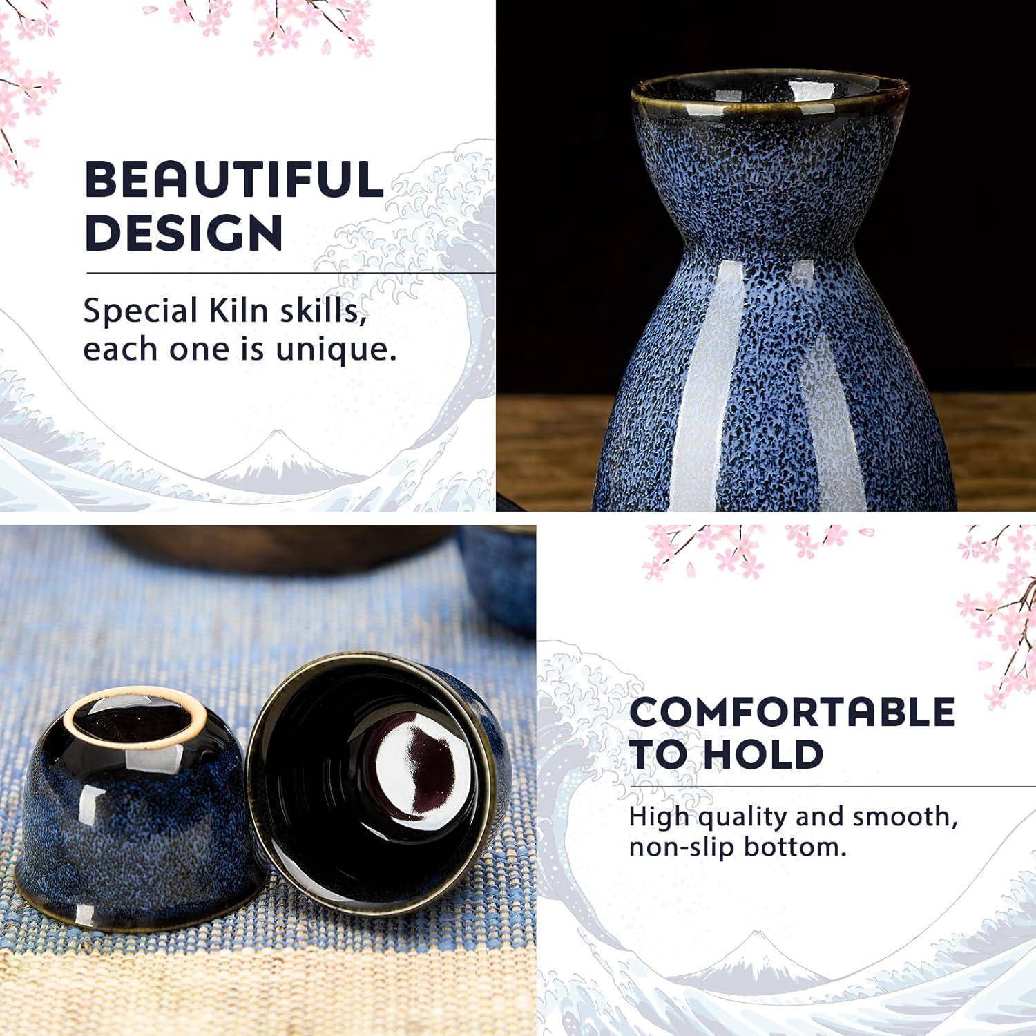 Sake Set Porzellan Japanisch 4 Tassen Karaffe Geschenkset Dunkelblau