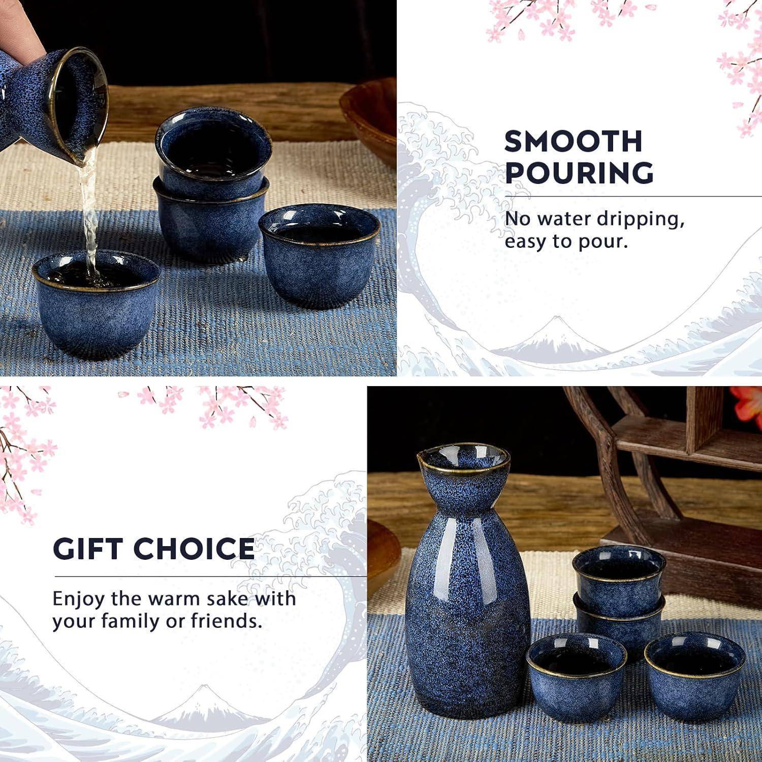 Sake Set Porzellan Japanisch 4 Tassen Karaffe Geschenkset Dunkelblau