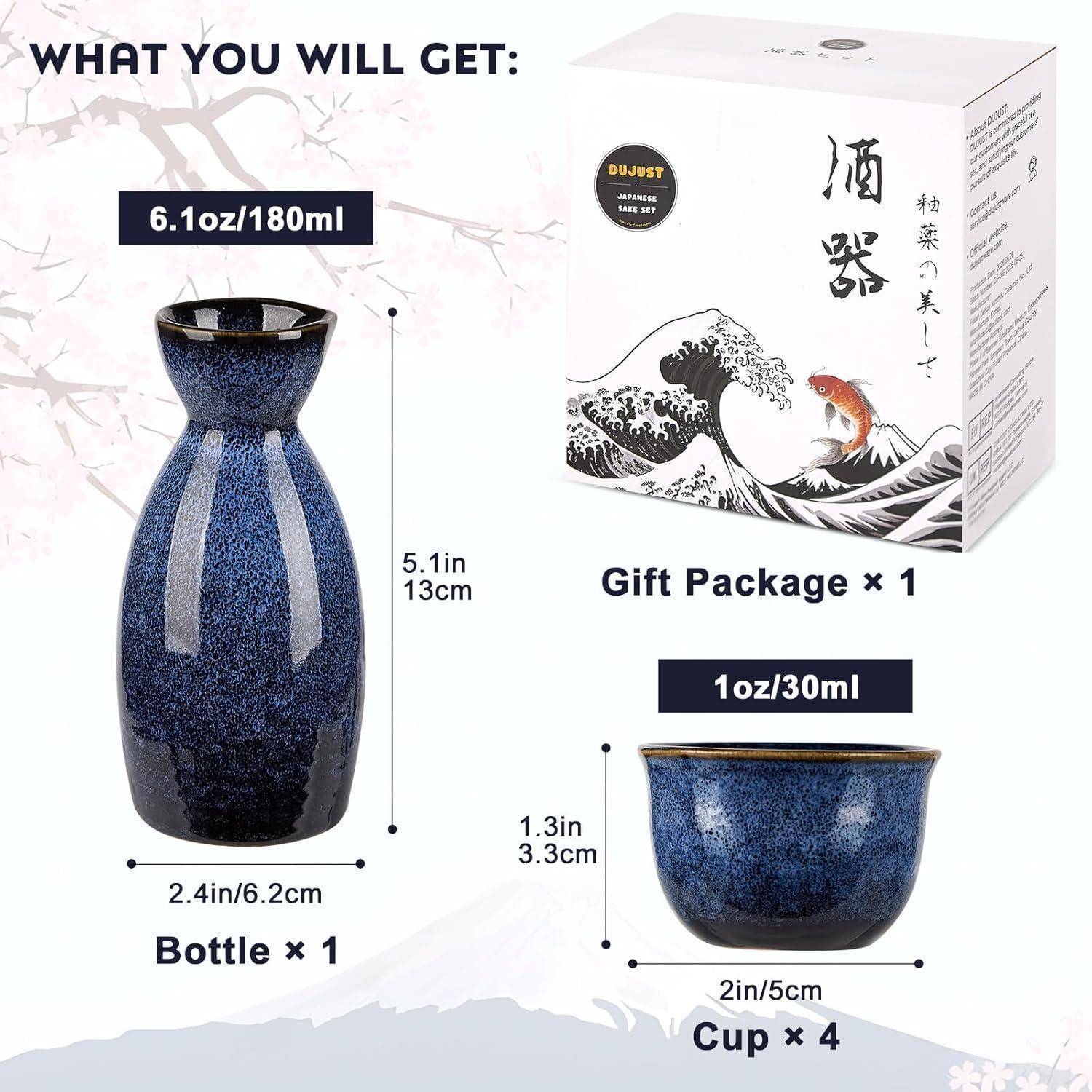 Sake Set Porzellan Japanisch 4 Tassen Karaffe Geschenkset Dunkelblau