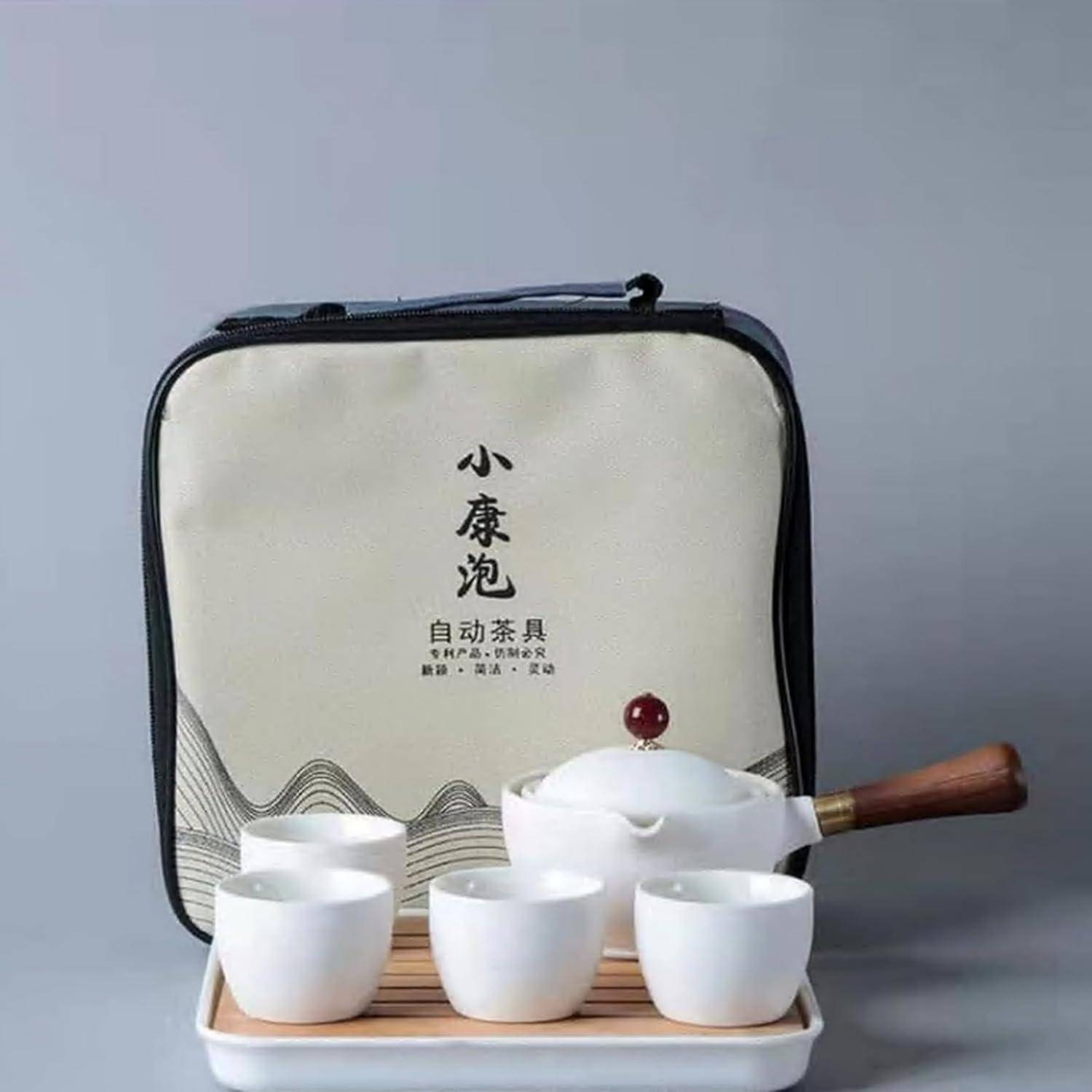 Tee Set Keramik Kungfu Teekanne 4 Teetassen Reisetasche weiß