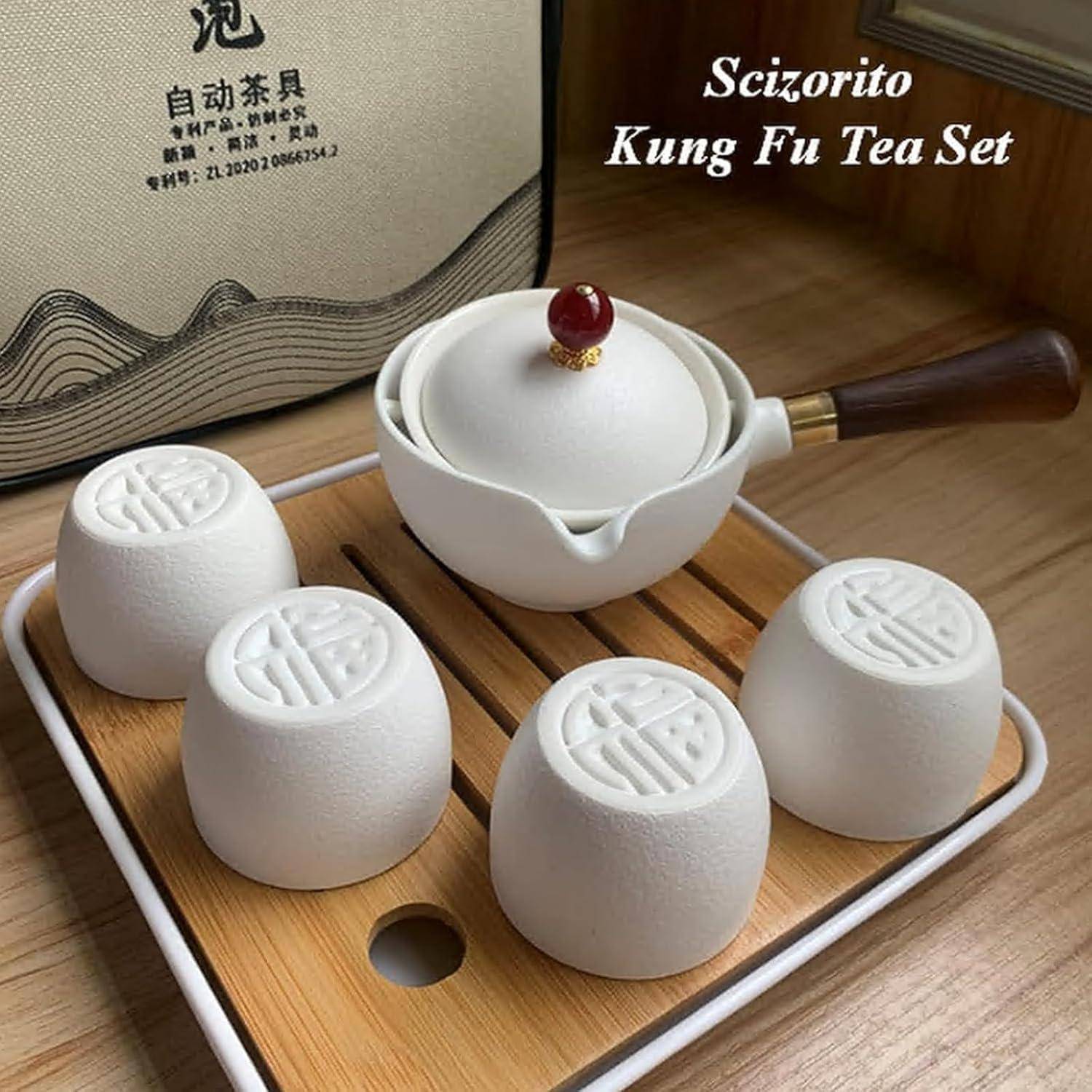 Tee Set Keramik Kungfu Teekanne 4 Teetassen Reisetasche weiß