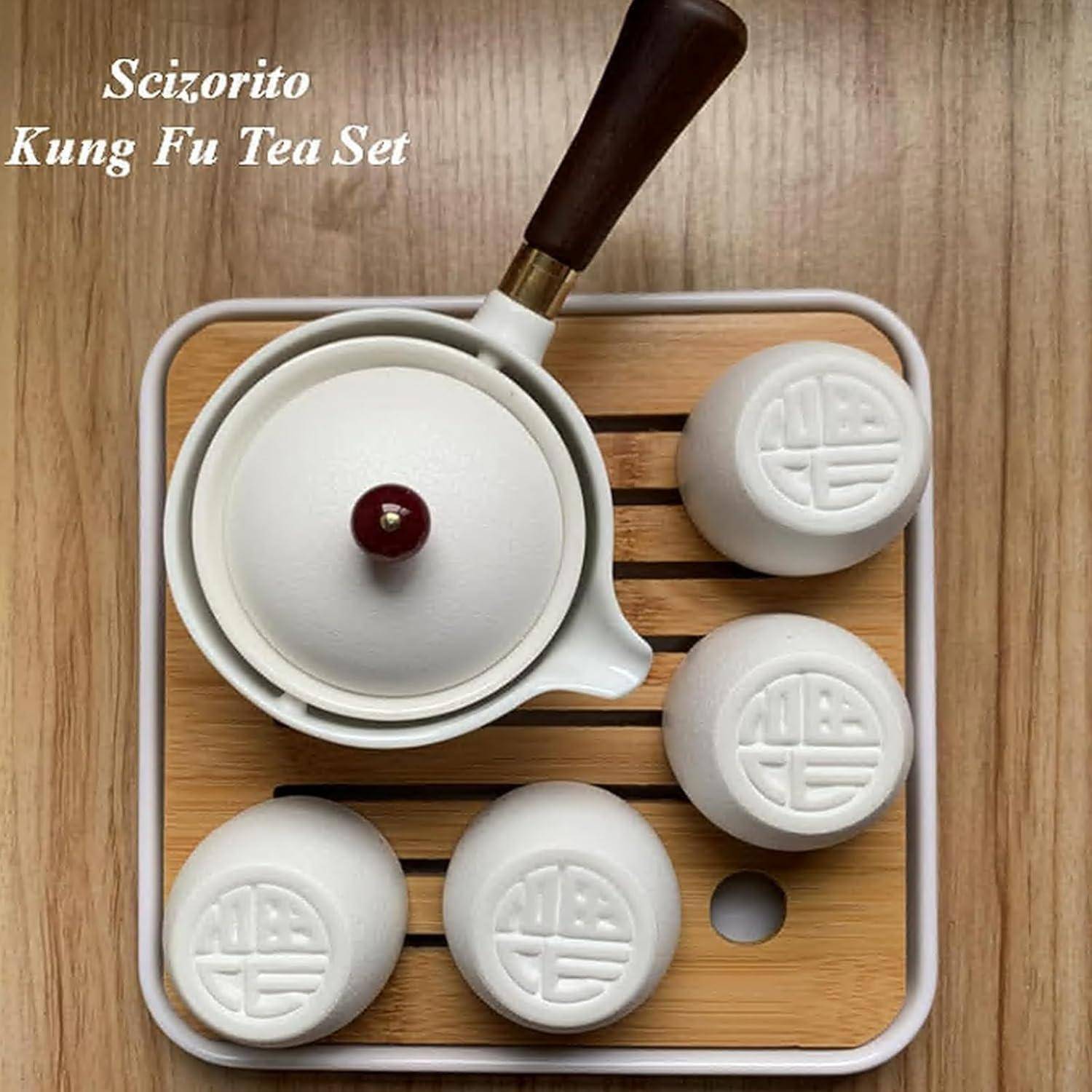Tee Set Keramik Kungfu Teekanne 4 Teetassen Reisetasche weiß