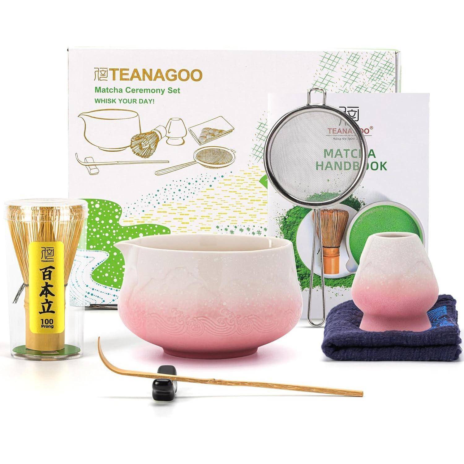Matcha Schale 7Stück Set Schüssel mit Ausgießer Farbverlauf Rosa