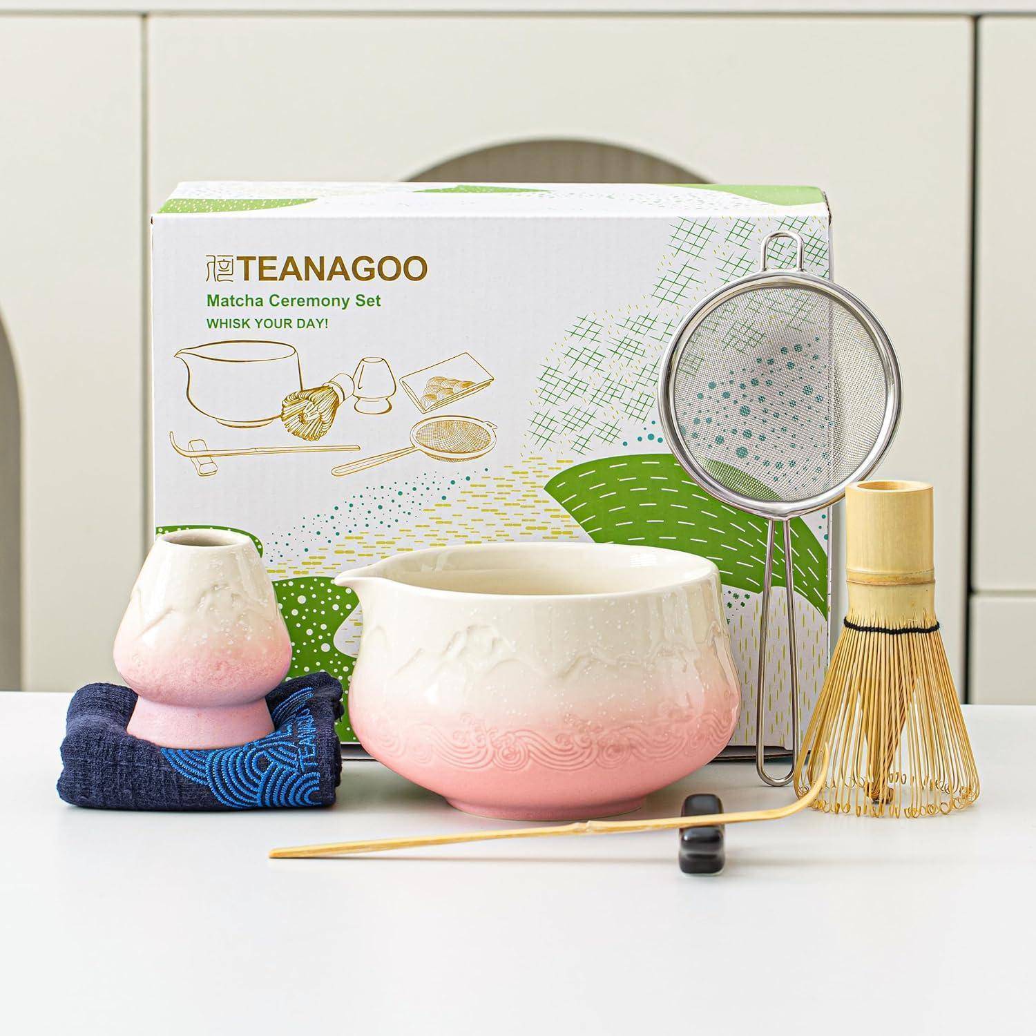 Matcha Schale 7Stück Set Schüssel mit Ausgießer Farbverlauf Rosa