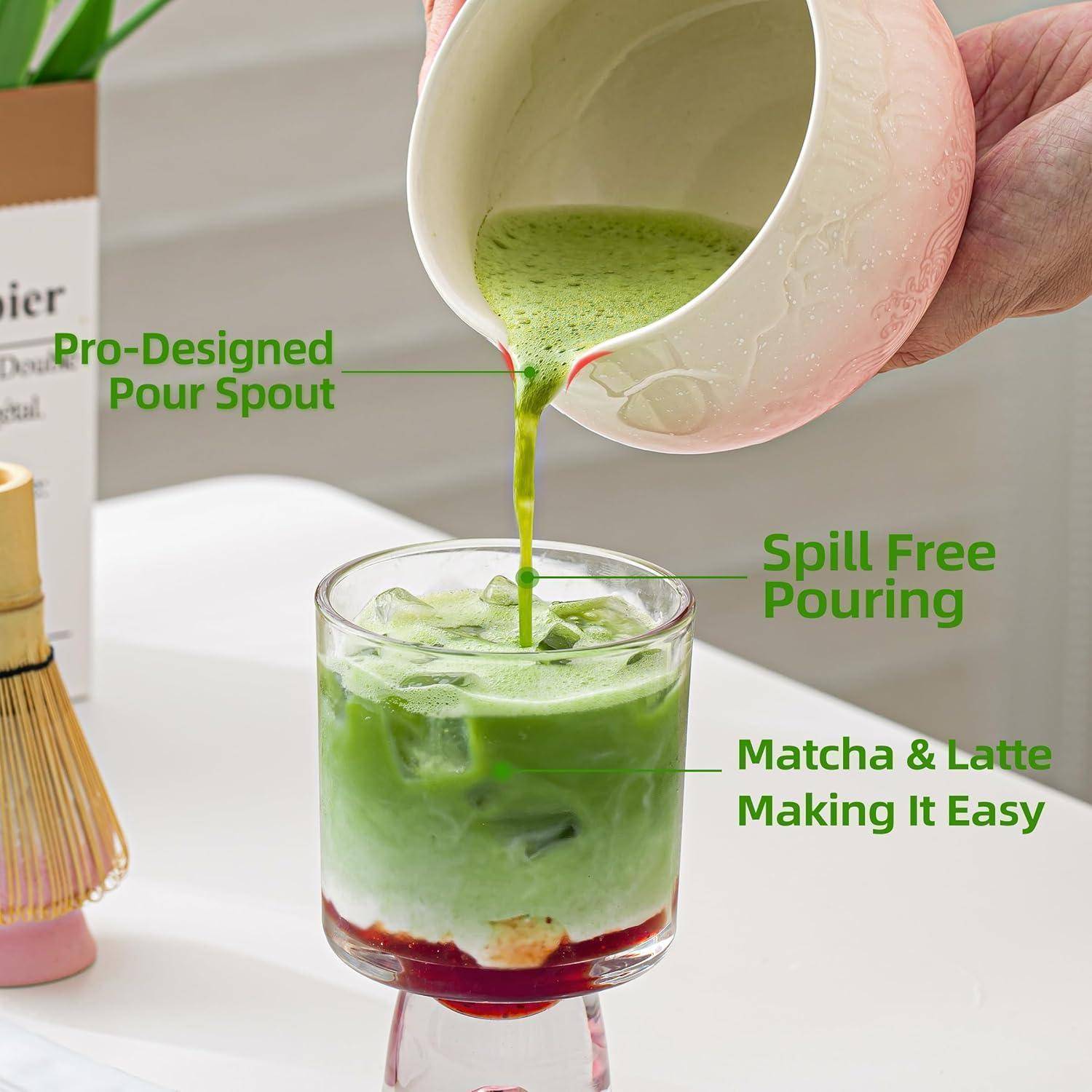 Matcha Schale 7Stück Set Schüssel mit Ausgießer Farbverlauf Rosa