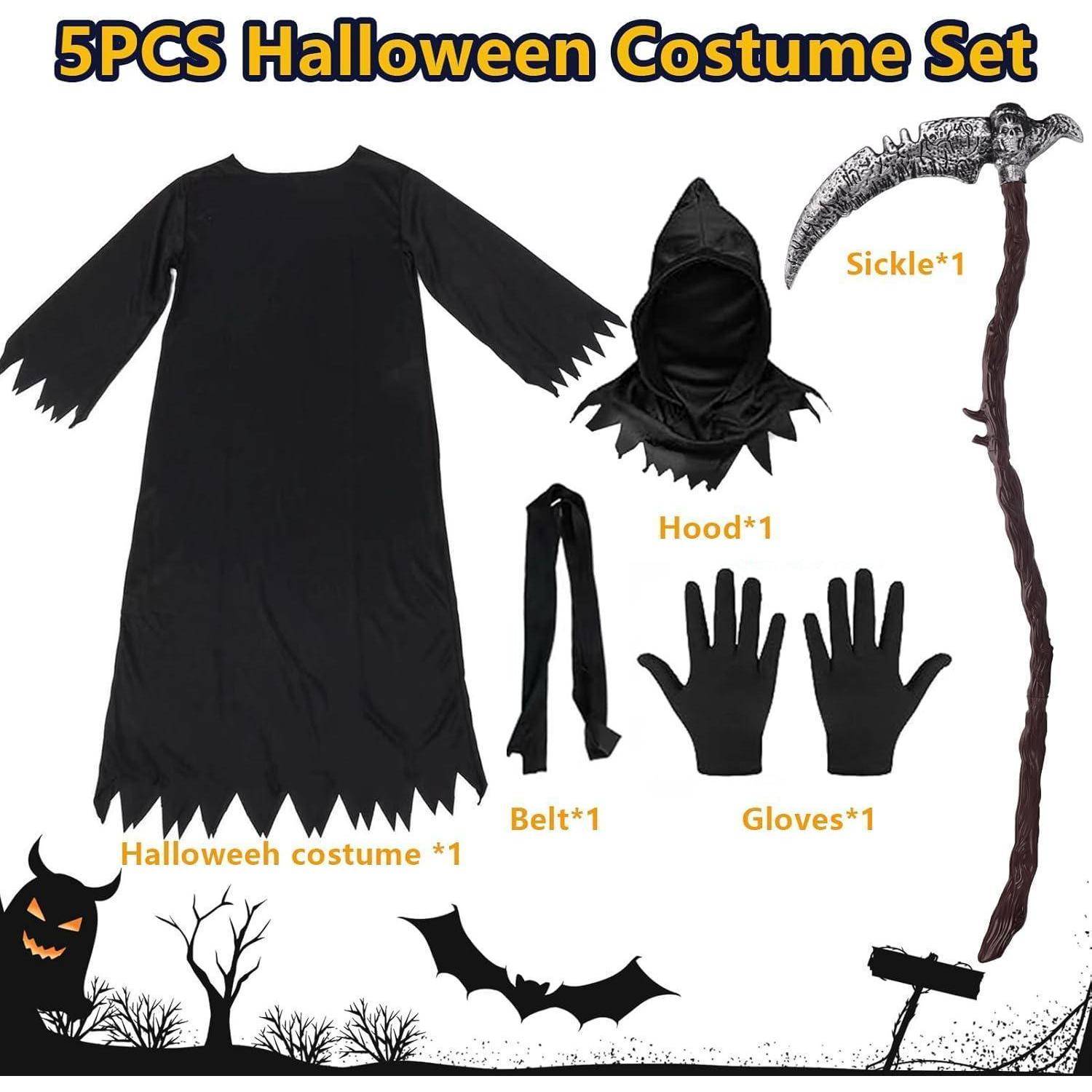 Halloween-Kostümset: schwarze Robe, Kapuze, Gürtel, Handschuhe und eine Sense. Hintergrund mit Silhouetten von Fledermäusen und Bäumen.