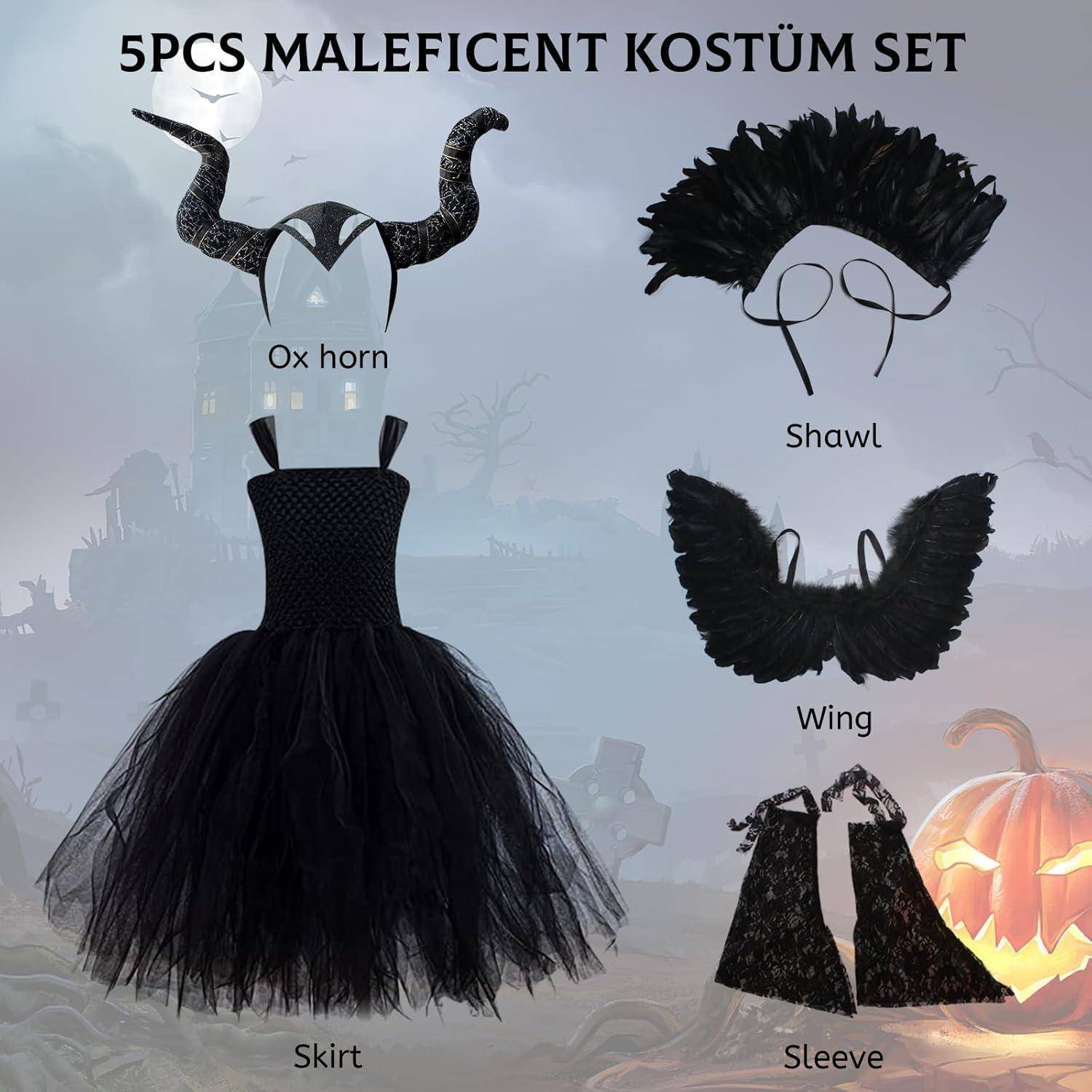 5-teiliges Maleficent Kostümset' mit Illustrationen: Ochsenhorn-Haarreif, Umhang, Flügel, Rock und Ärmel vor einem unheimlichen Hintergrund.